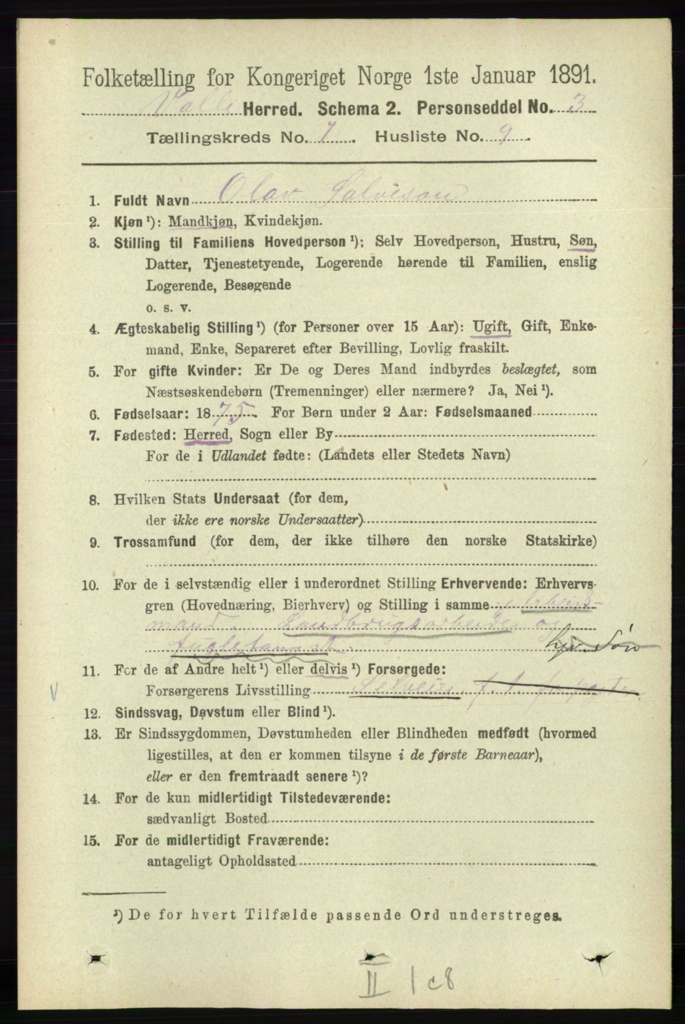 RA, 1891 census for 0940 Valle, 1891, p. 2017