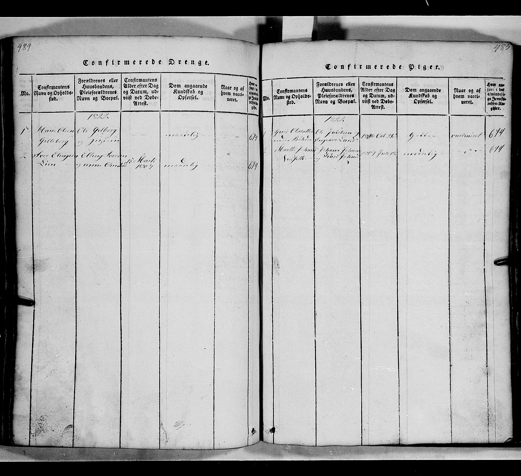 Gausdal prestekontor, SAH/PREST-090/H/Ha/Hab/L0002: Parish register (copy) no. 2, 1818-1874, p. 484-485