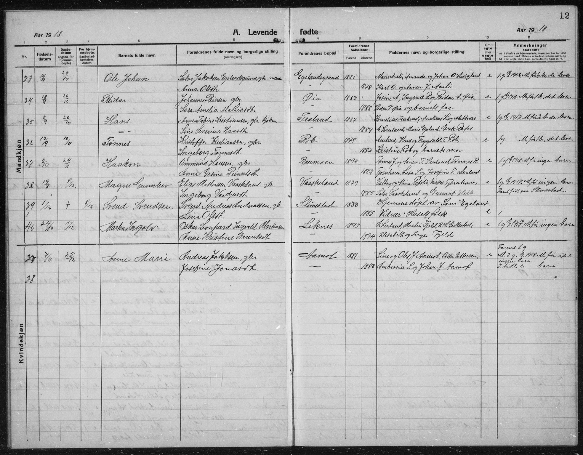 Kvinesdal sokneprestkontor, AV/SAK-1111-0026/F/Fb/Fbb/L0004: Parish register (copy) no. B 4, 1917-1938, p. 12