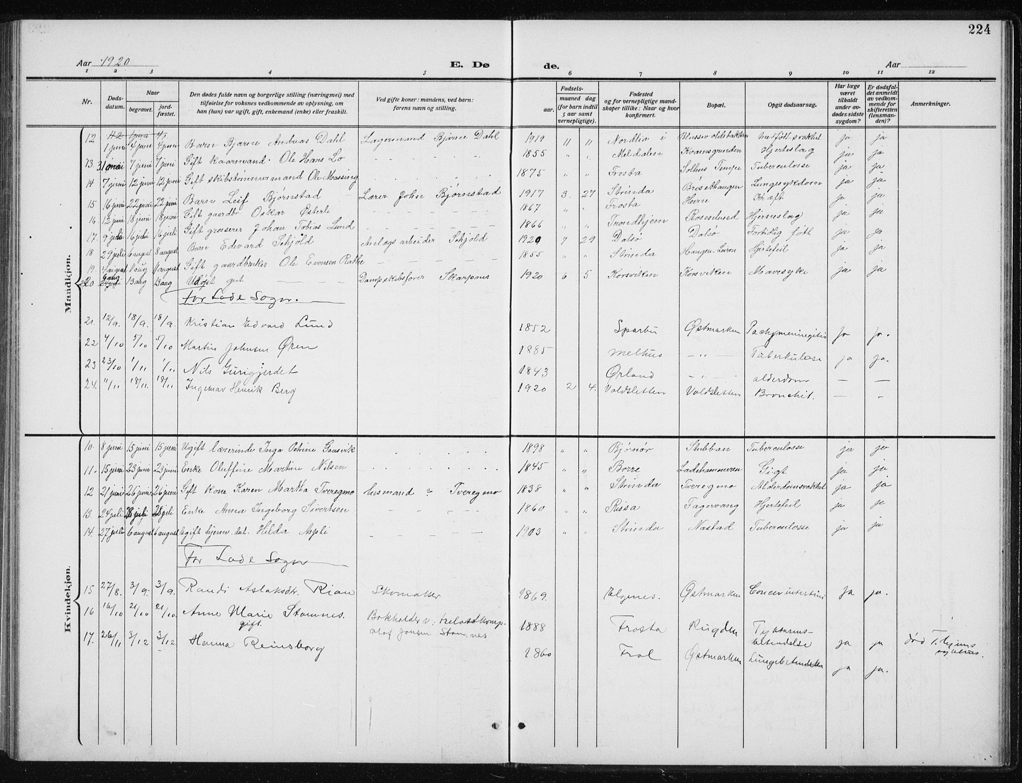 Ministerialprotokoller, klokkerbøker og fødselsregistre - Sør-Trøndelag, SAT/A-1456/606/L0314: Parish register (copy) no. 606C10, 1911-1937, p. 224