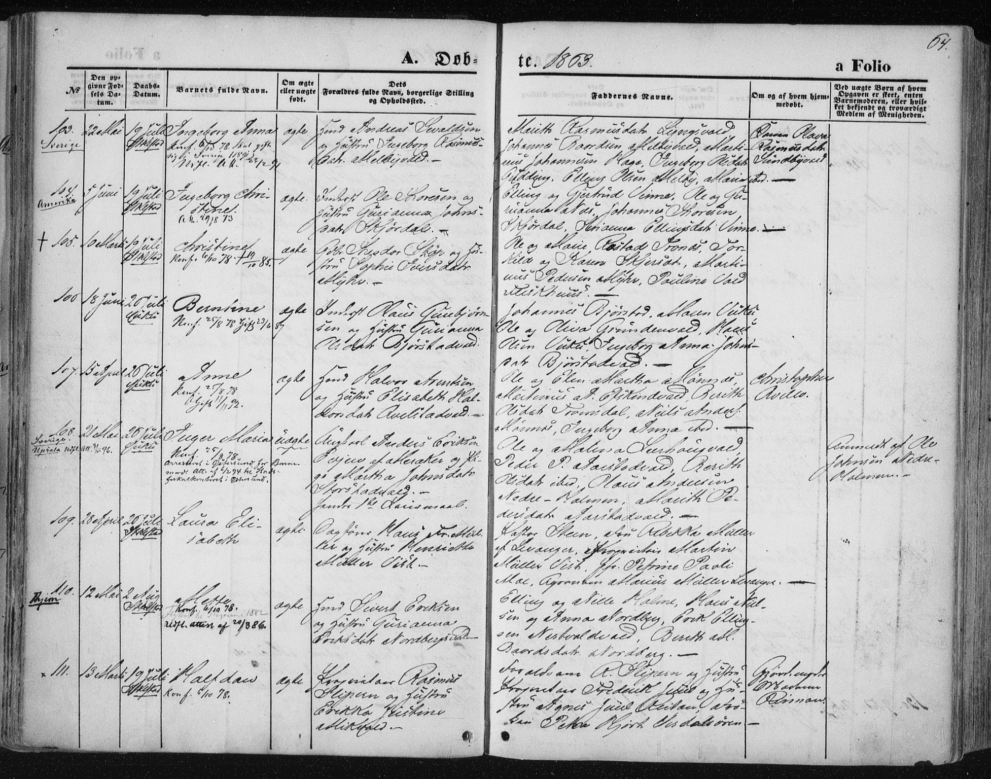 Ministerialprotokoller, klokkerbøker og fødselsregistre - Nord-Trøndelag, SAT/A-1458/723/L0241: Parish register (official) no. 723A10, 1860-1869, p. 64