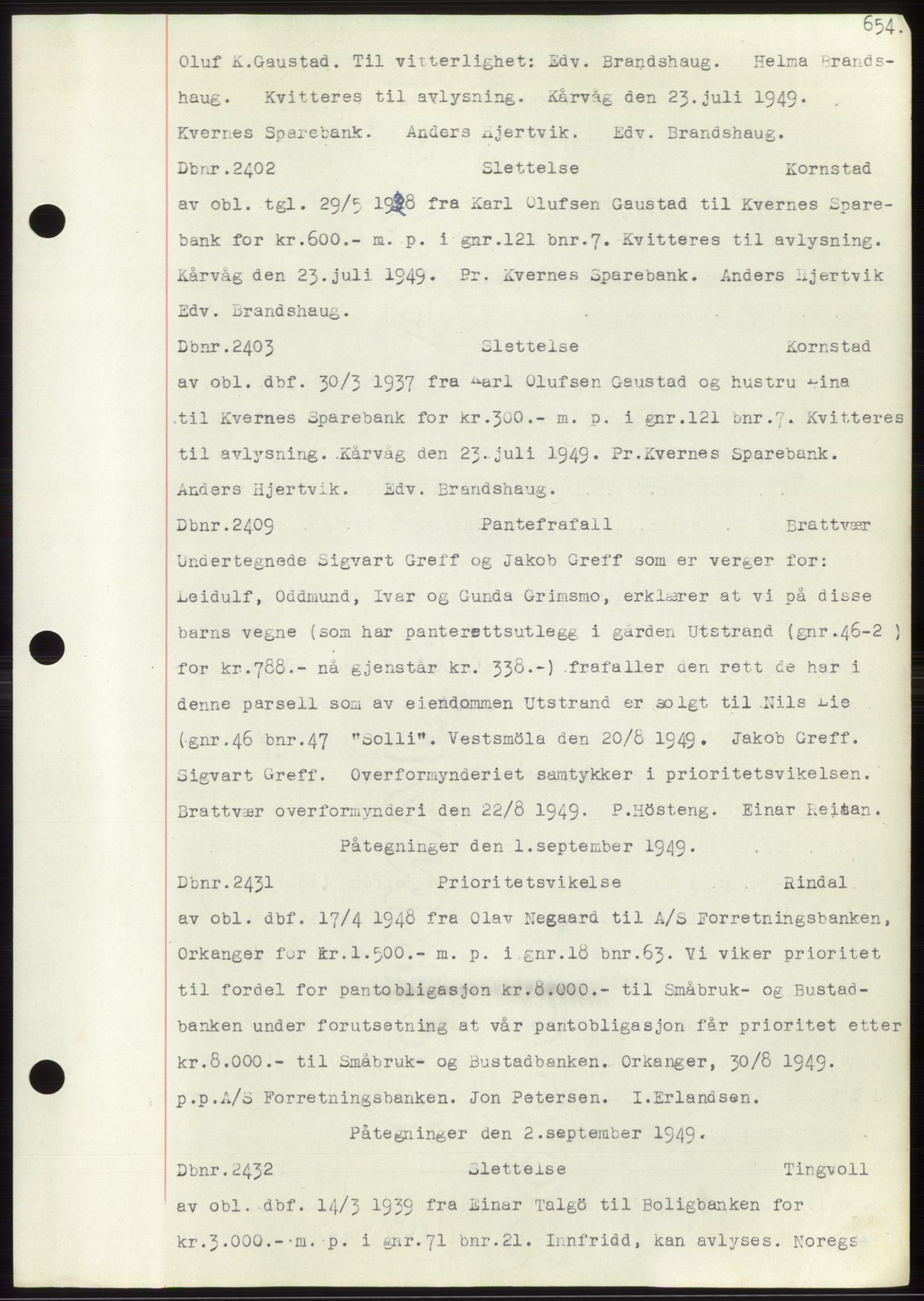 Nordmøre sorenskriveri, SAT/A-4132/1/2/2Ca: Mortgage book no. C82b, 1946-1951, Diary no: : 2402/1949