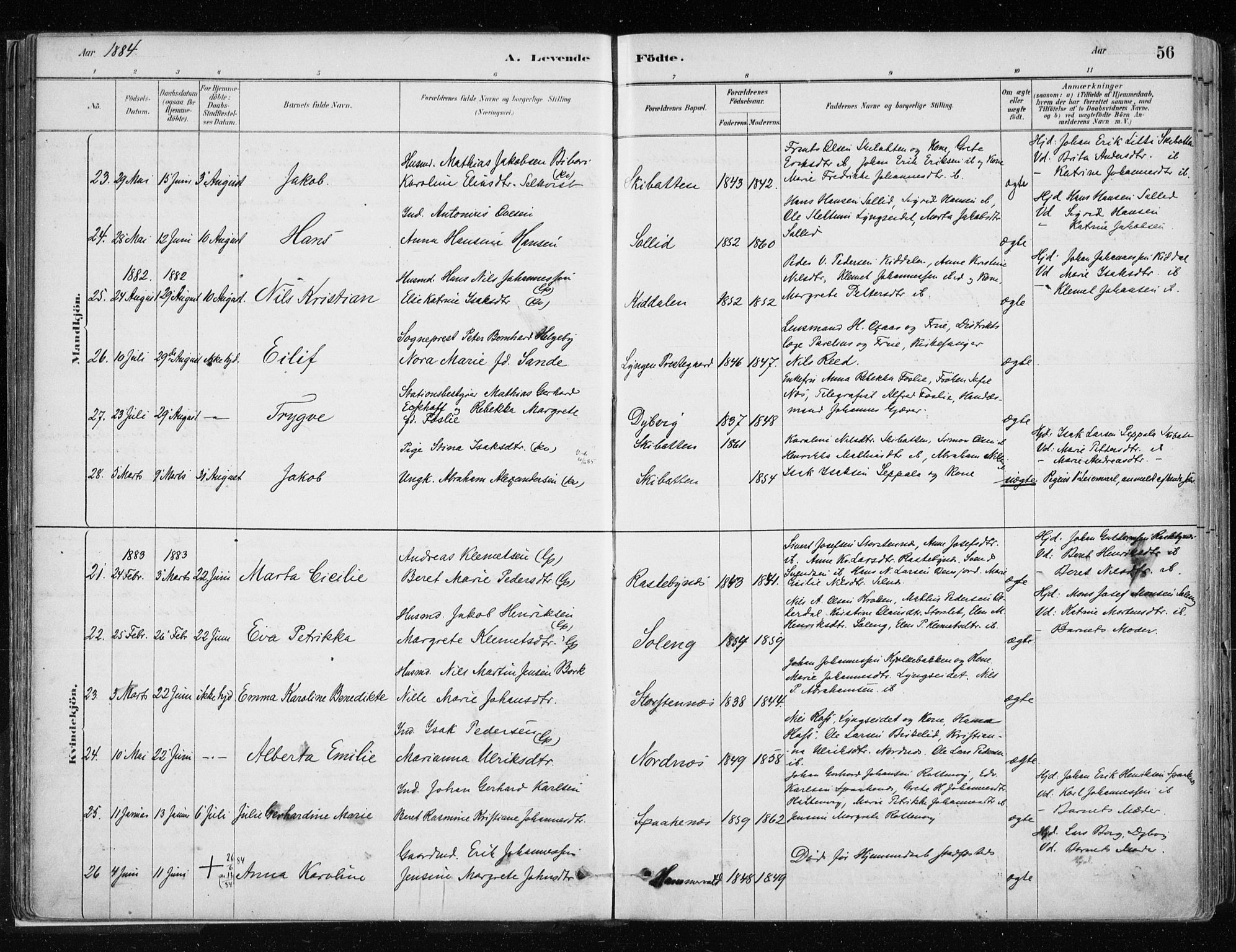 Lyngen sokneprestembete, AV/SATØ-S-1289/H/He/Hea/L0007kirke: Parish register (official) no. 7, 1879-1890, p. 56