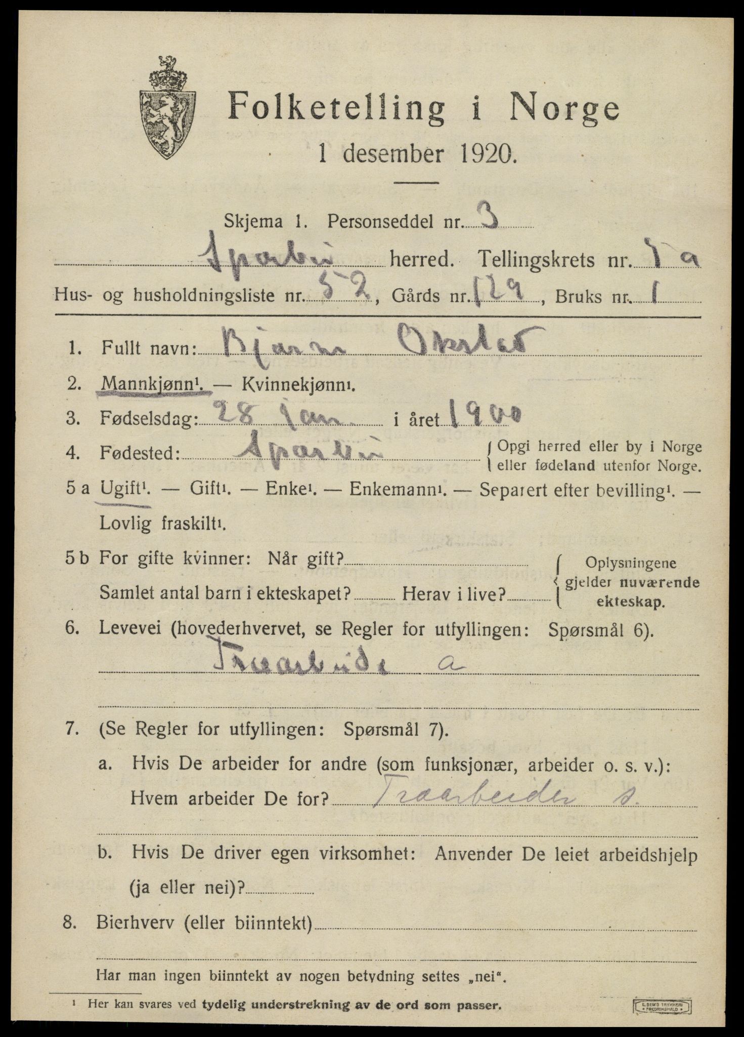 SAT, 1920 census for Sparbu, 1920, p. 6787