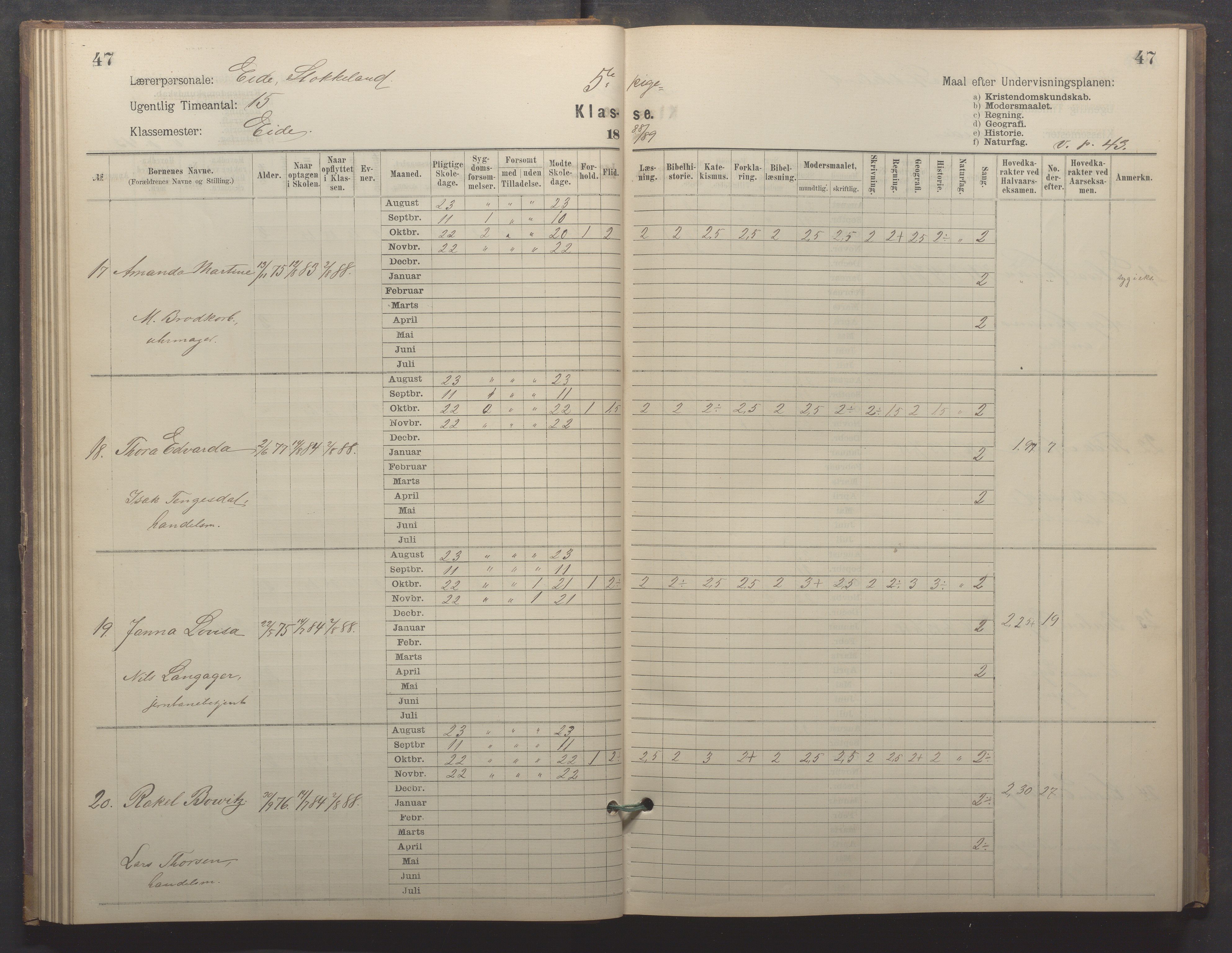 Egersund kommune (Ladested) - Egersund almueskole/folkeskole, IKAR/K-100521/H/L0022: Skoleprotokoll - Almueskolen, 5. klasse, 1886-1892, p. 47