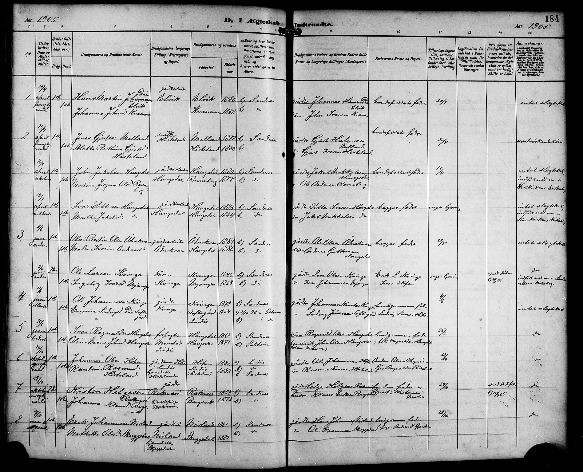 Masfjorden Sokneprestembete, SAB/A-77001: Parish register (copy) no. B 1, 1892-1913, p. 184