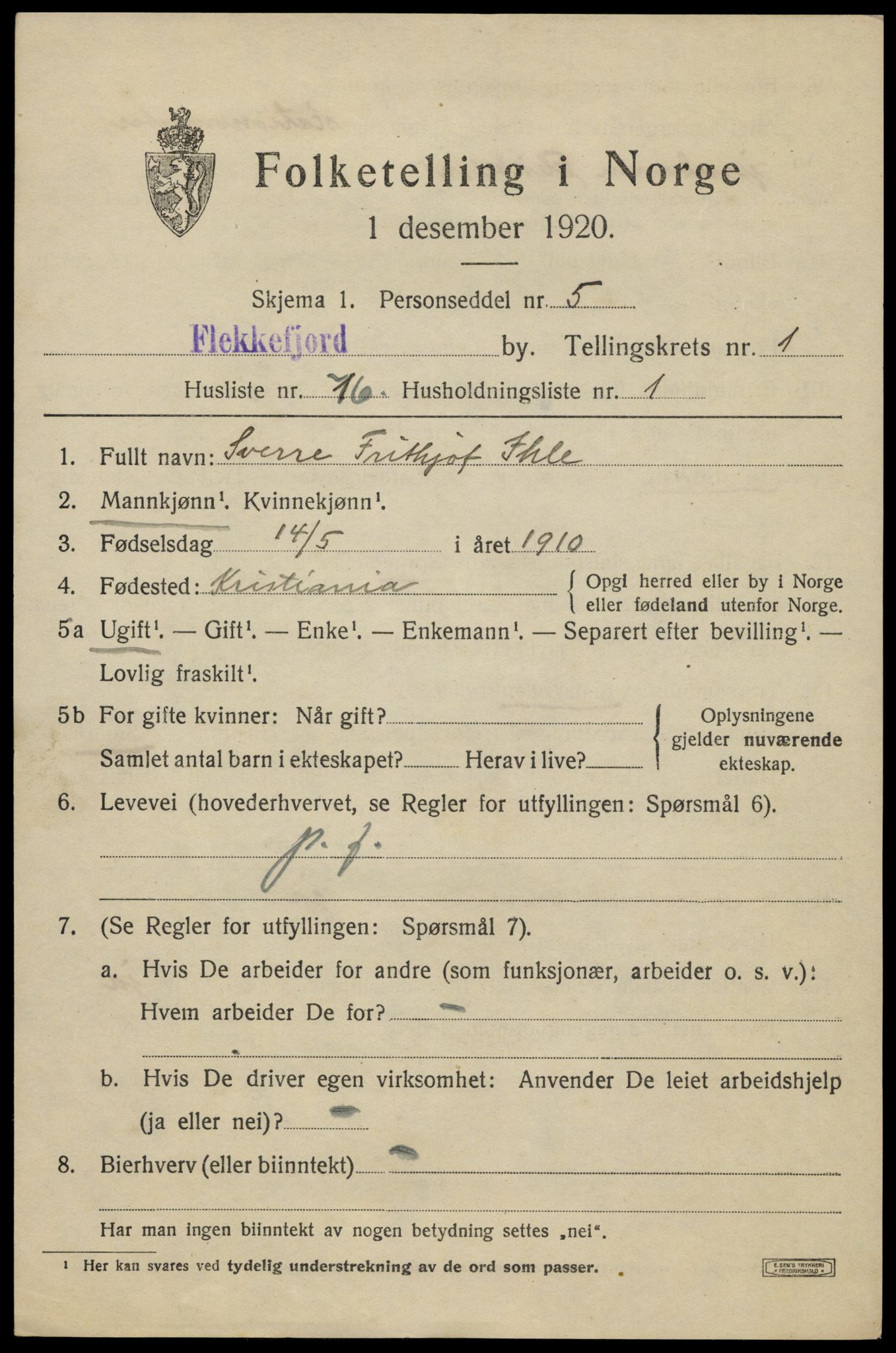 SAK, 1920 census for Flekkefjord, 1920, p. 2484