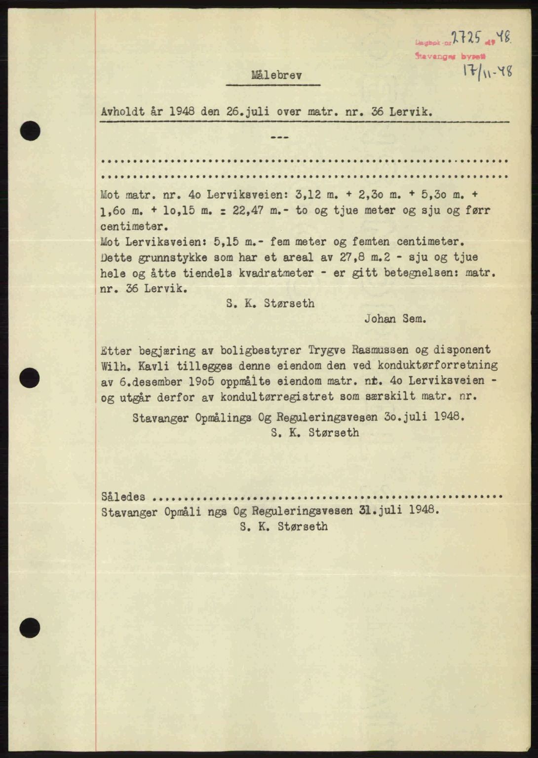 Stavanger byrett, SAST/A-100455/002/G/Gb/L0023: Mortgage book no. A12, 1948-1949, Diary no: : 2725/1948