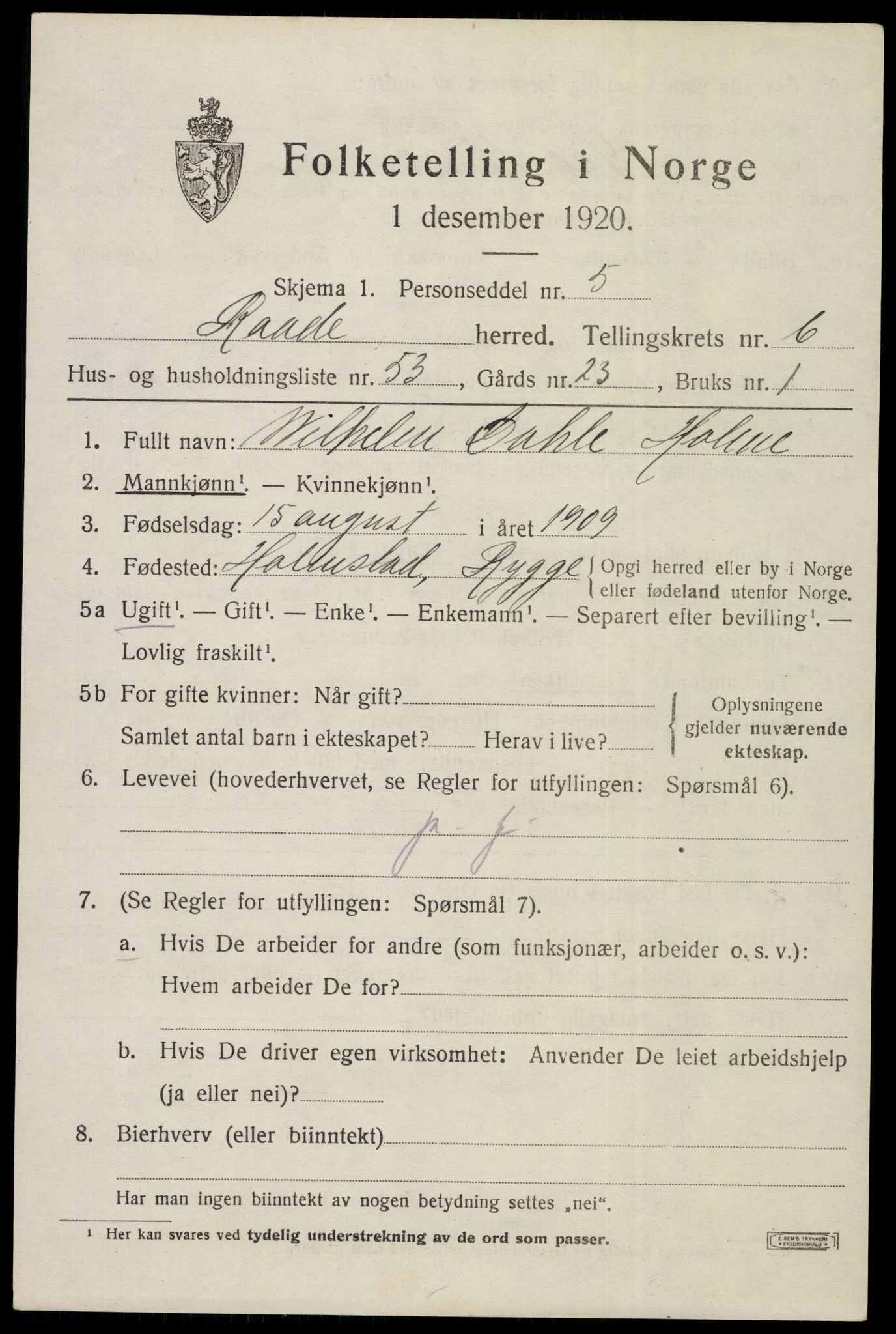 SAO, 1920 census for Råde, 1920, p. 6187
