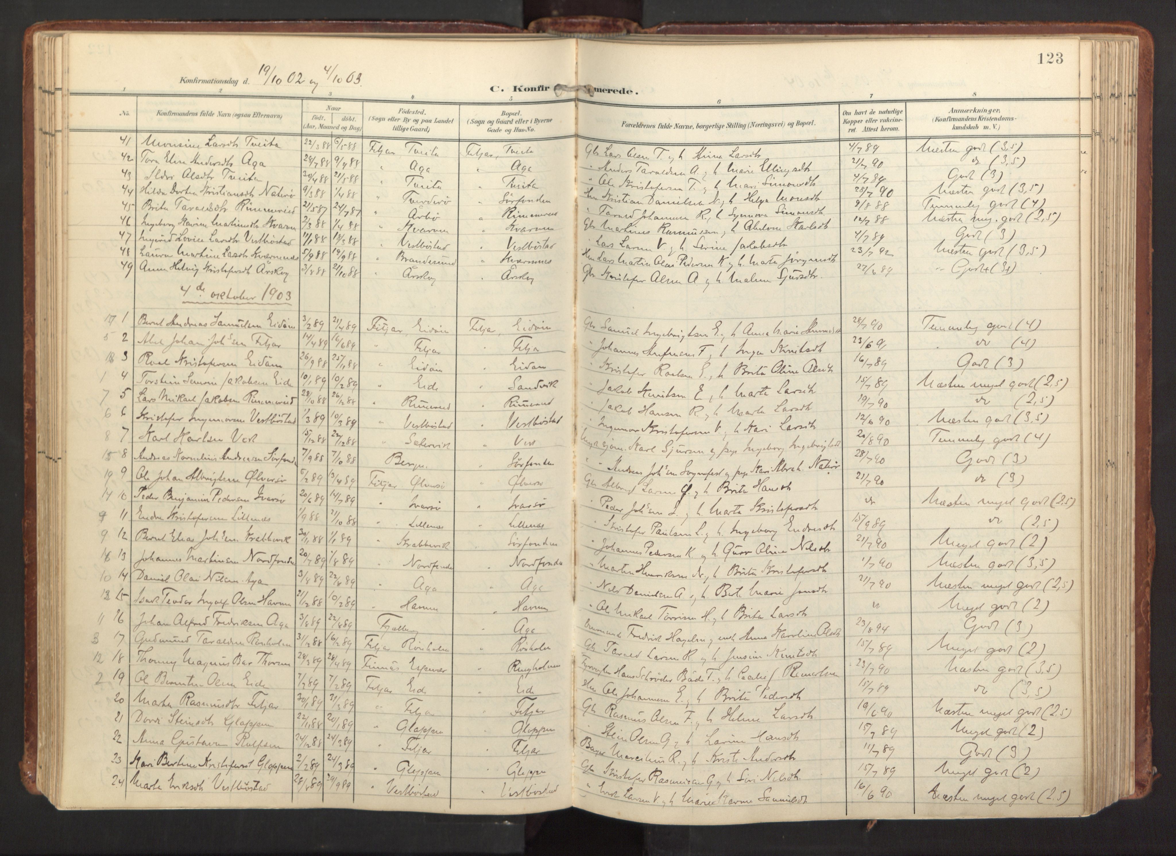 Fitjar sokneprestembete, SAB/A-99926: Parish register (official) no. A 3, 1900-1918, p. 123
