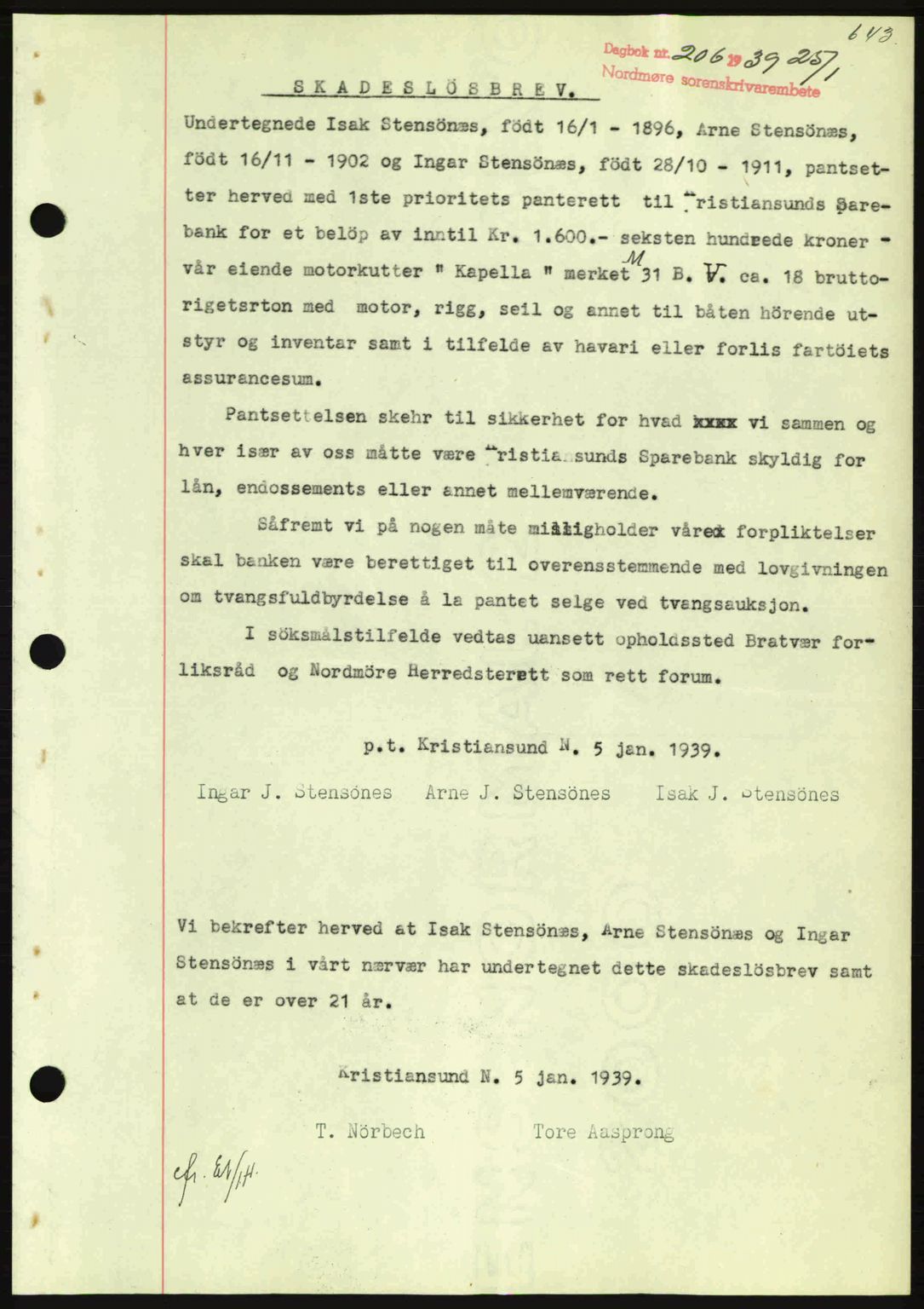 Nordmøre sorenskriveri, SAT/A-4132/1/2/2Ca: Mortgage book no. B84, 1938-1939, Diary no: : 206/1939