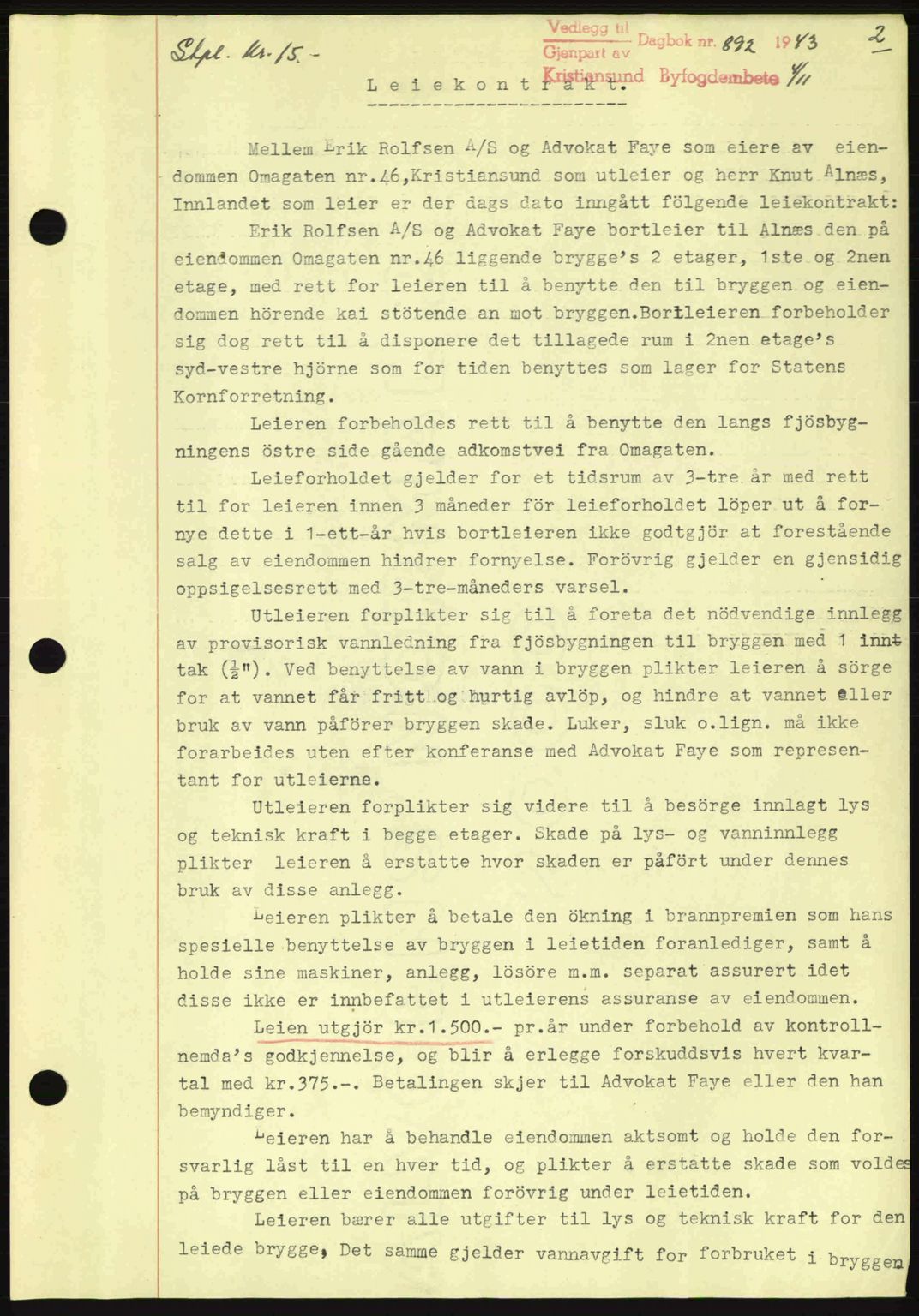 Kristiansund byfogd, SAT/A-4587/A/27: Mortgage book no. 37-38, 1943-1945, Diary no: : 892/1943