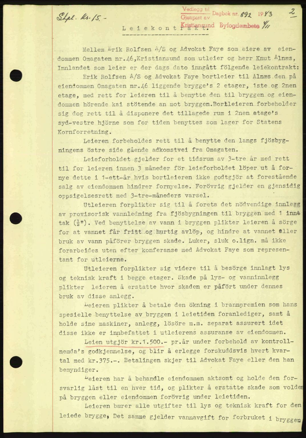 Kristiansund byfogd, AV/SAT-A-4587/A/27: Mortgage book no. 37-38, 1943-1945, Diary no: : 892/1943