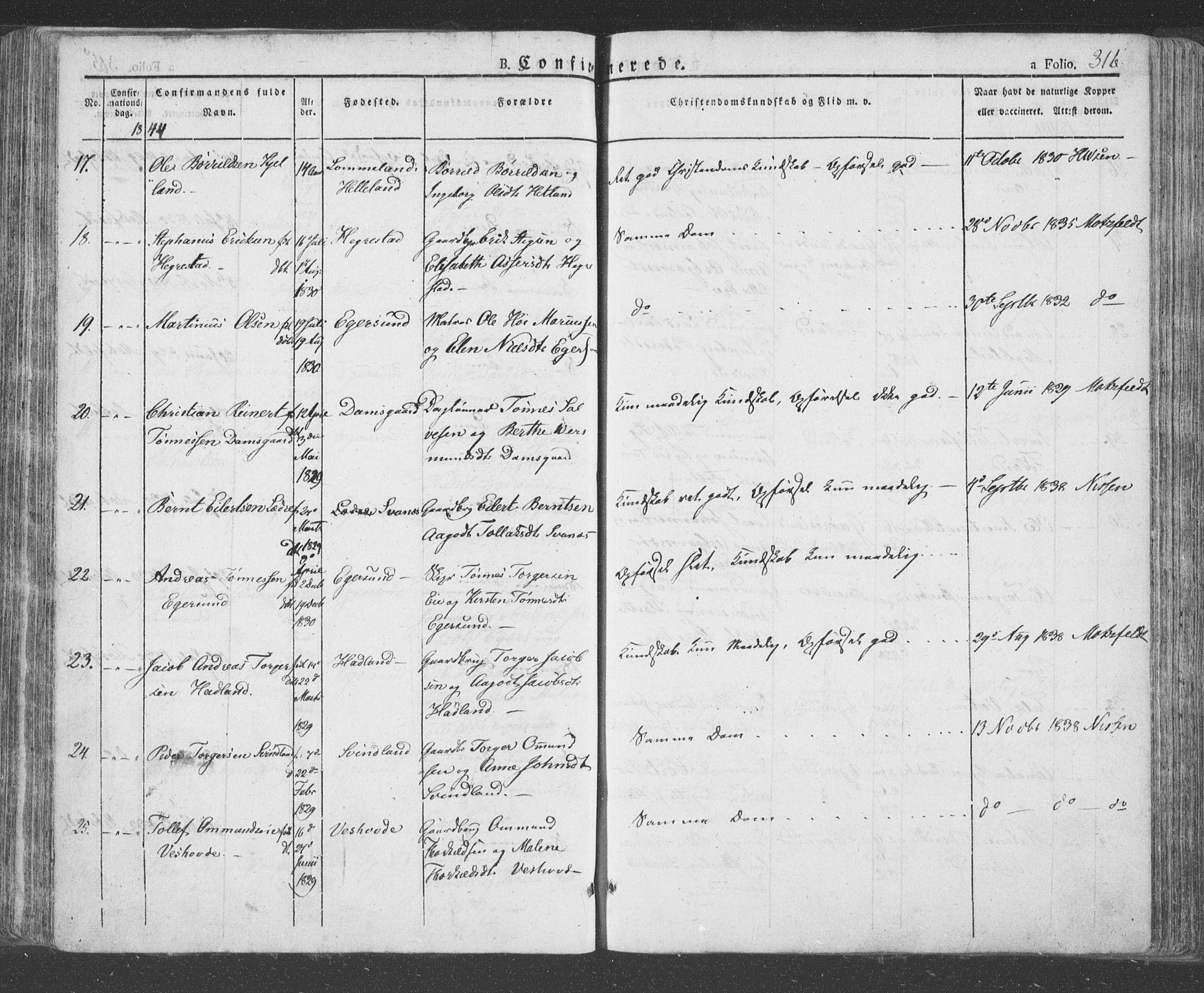 Eigersund sokneprestkontor, AV/SAST-A-101807/S08/L0009: Parish register (official) no. A 9, 1827-1850, p. 316