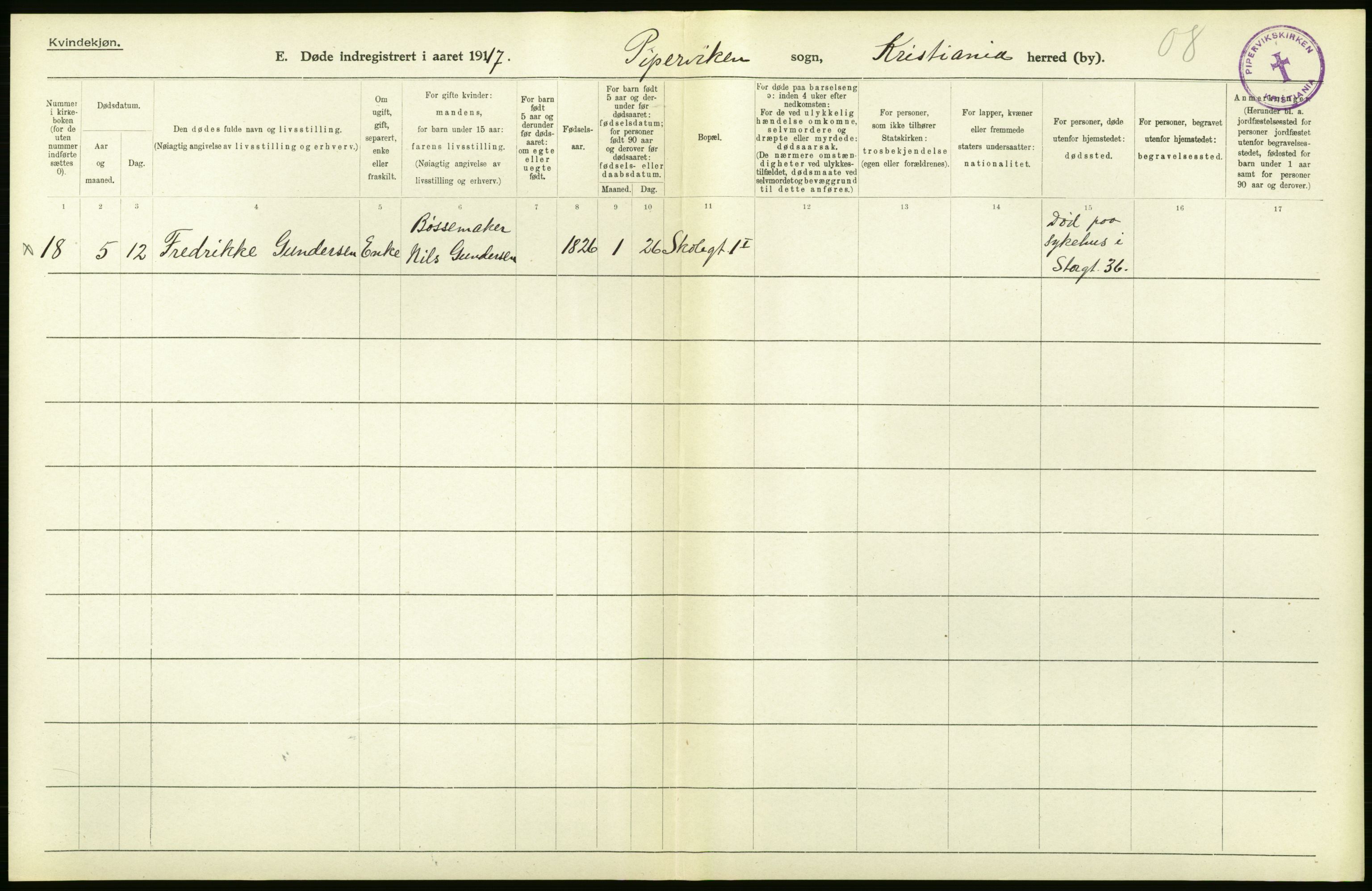 Statistisk sentralbyrå, Sosiodemografiske emner, Befolkning, AV/RA-S-2228/D/Df/Dfb/Dfbg/L0011: Kristiania: Døde, dødfødte., 1917, p. 48