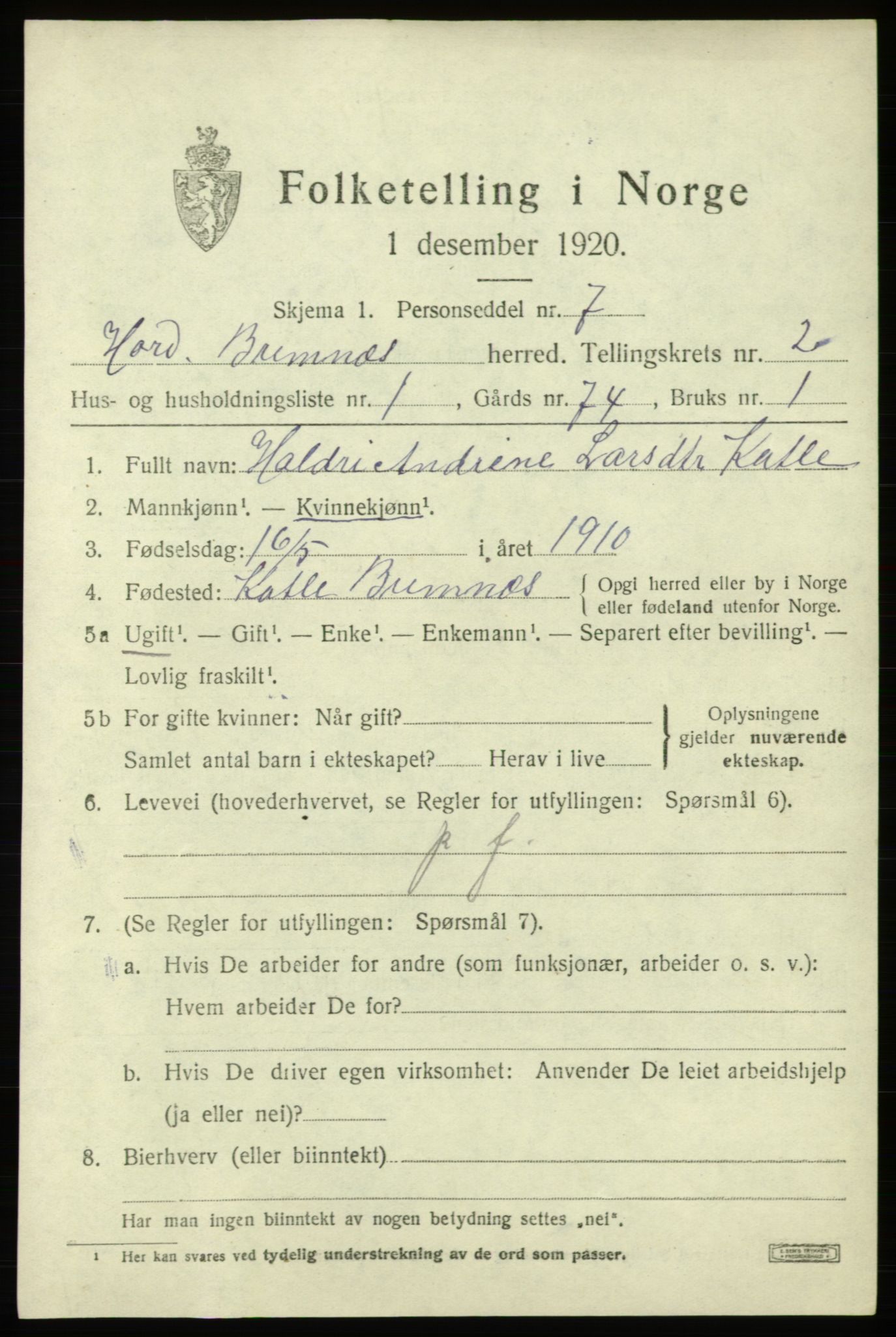 SAB, 1920 census for Bremnes, 1920, p. 1302