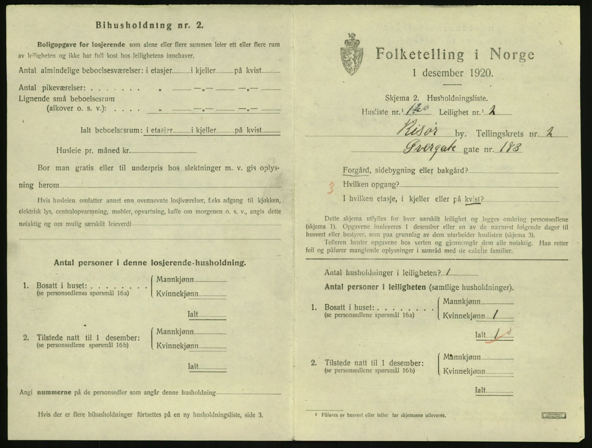 SAK, 1920 census for Risør, 1920, p. 2291