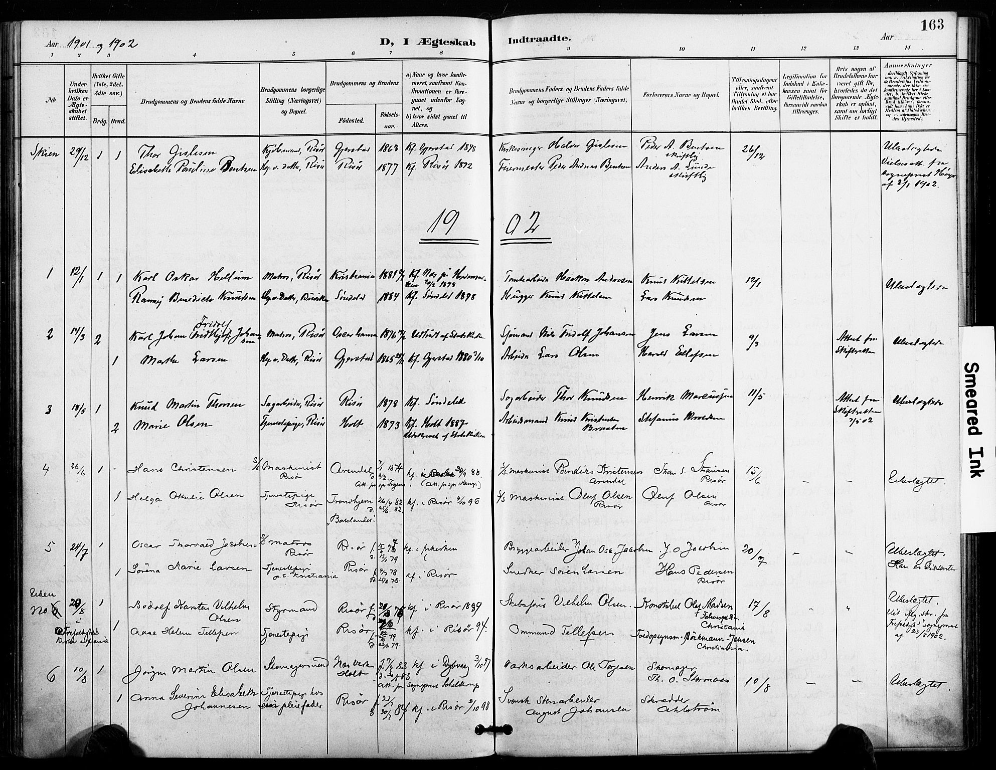 Risør sokneprestkontor, SAK/1111-0035/F/Fa/L0010: Parish register (official) no. A 10, 1896-1906, p. 163