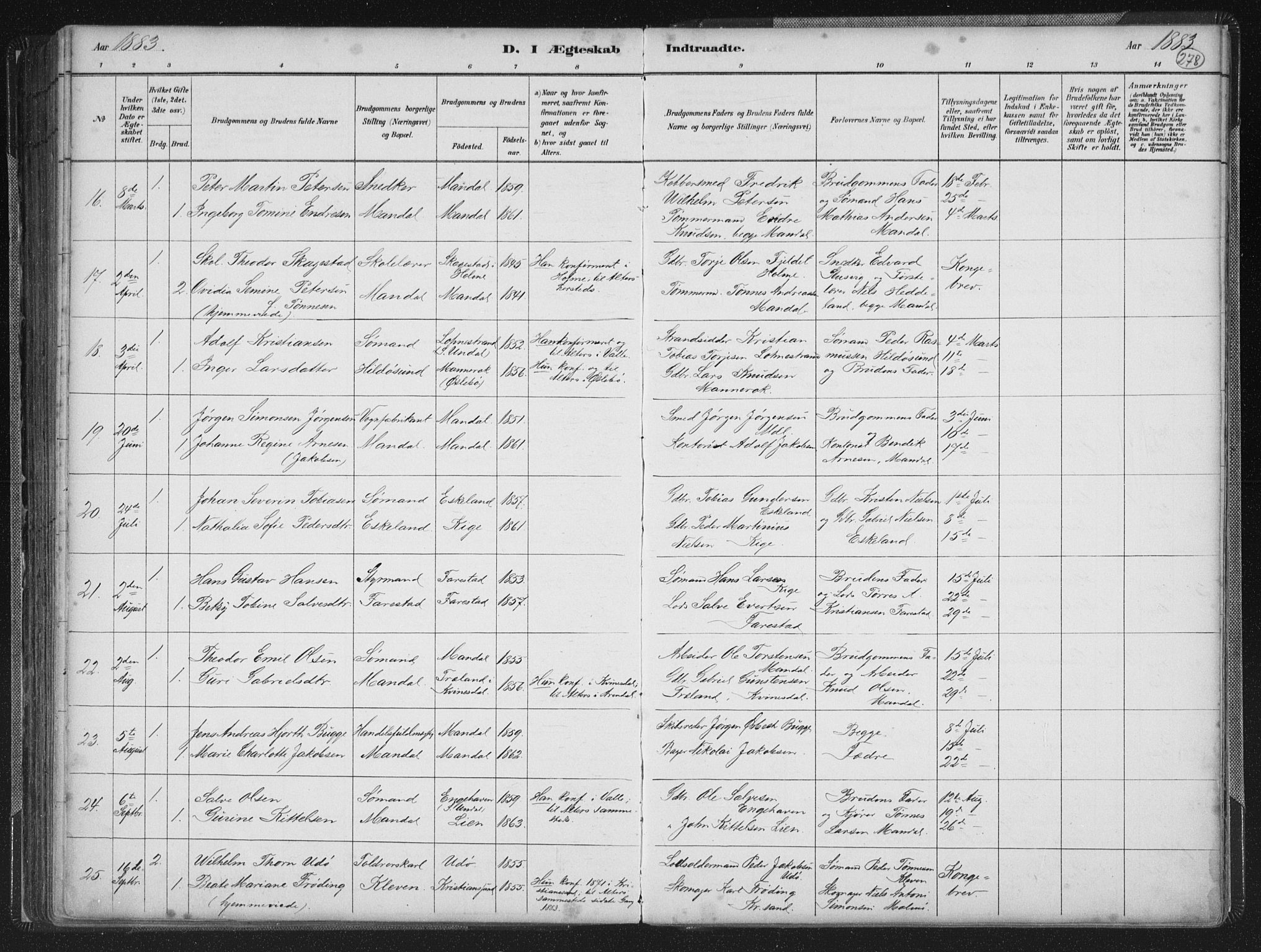 Mandal sokneprestkontor, AV/SAK-1111-0030/F/Fb/Fba/L0011: Parish register (copy) no. B 5, 1880-1898, p. 278