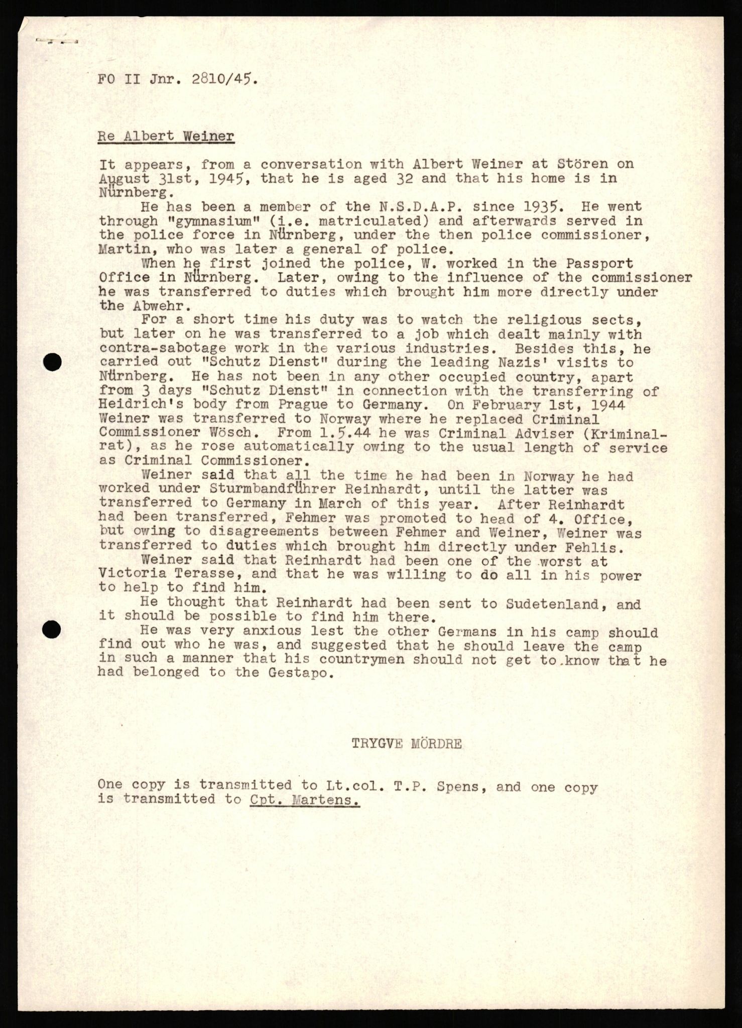 Forsvaret, Forsvarets overkommando II, AV/RA-RAFA-3915/D/Db/L0035: CI Questionaires. Tyske okkupasjonsstyrker i Norge. Tyskere., 1945-1946, p. 223