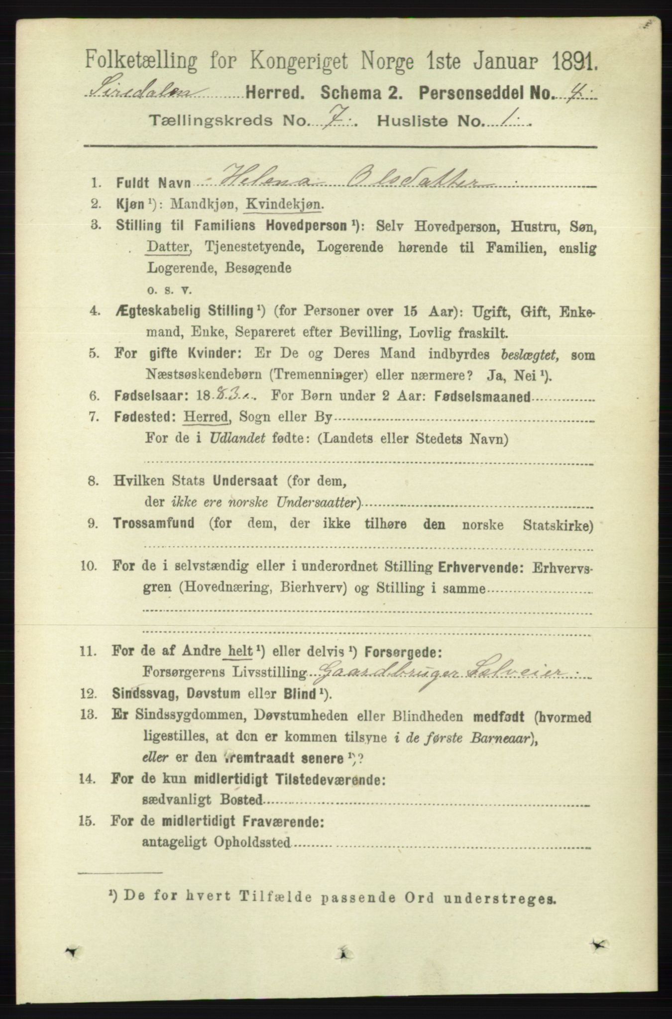 RA, 1891 census for 1046 Sirdal, 1891, p. 1956