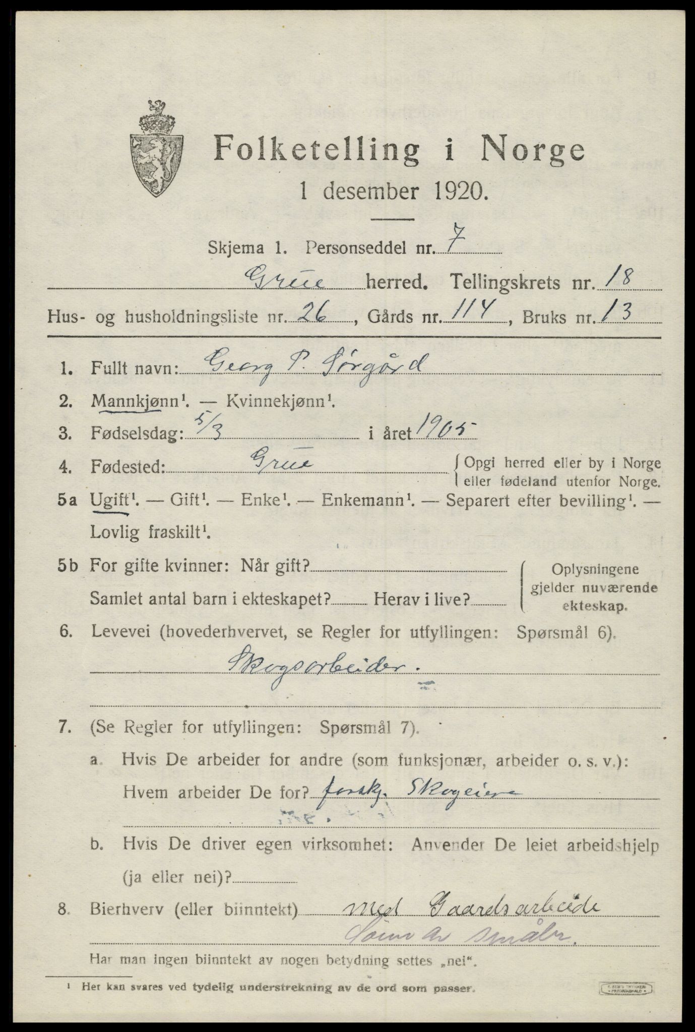 SAH, 1920 census for Grue, 1920, p. 14271