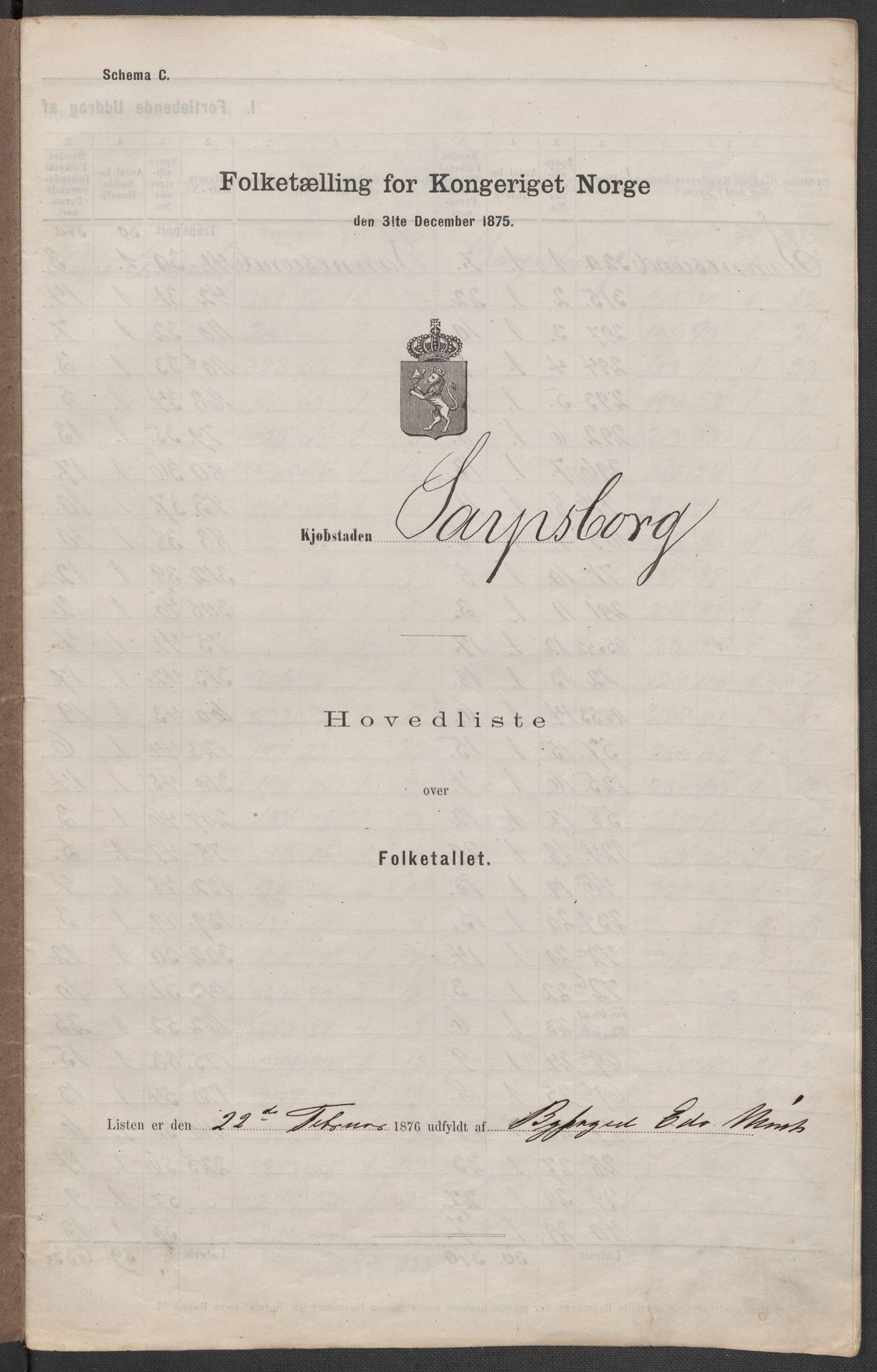 RA, 1875 census for 0102P Sarpsborg, 1875, p. 2