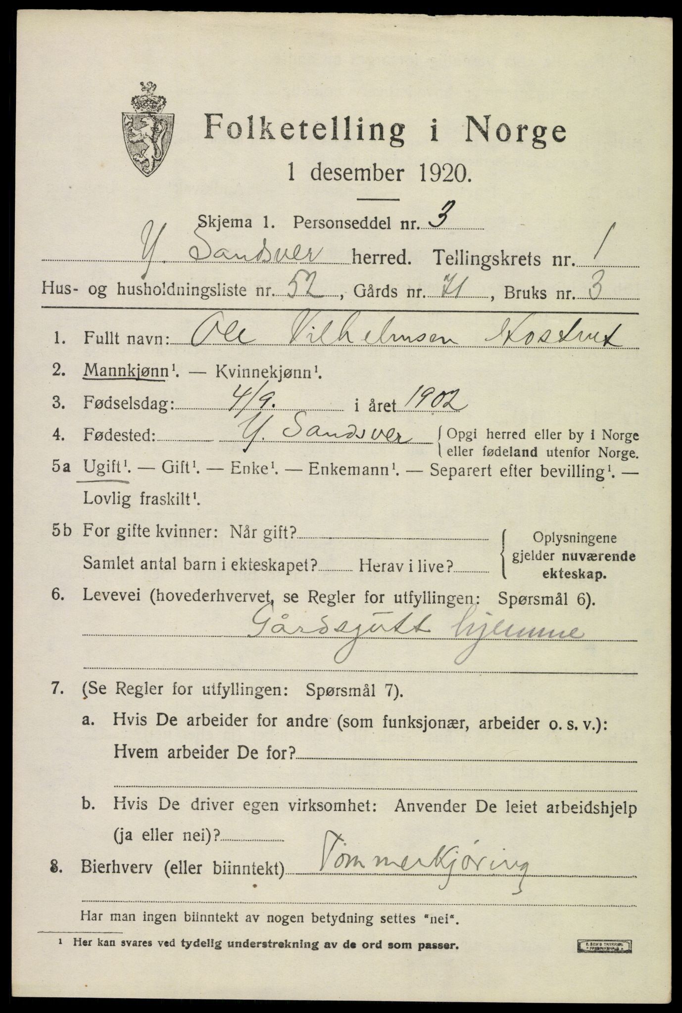 SAKO, 1920 census for Ytre Sandsvær, 1920, p. 1700
