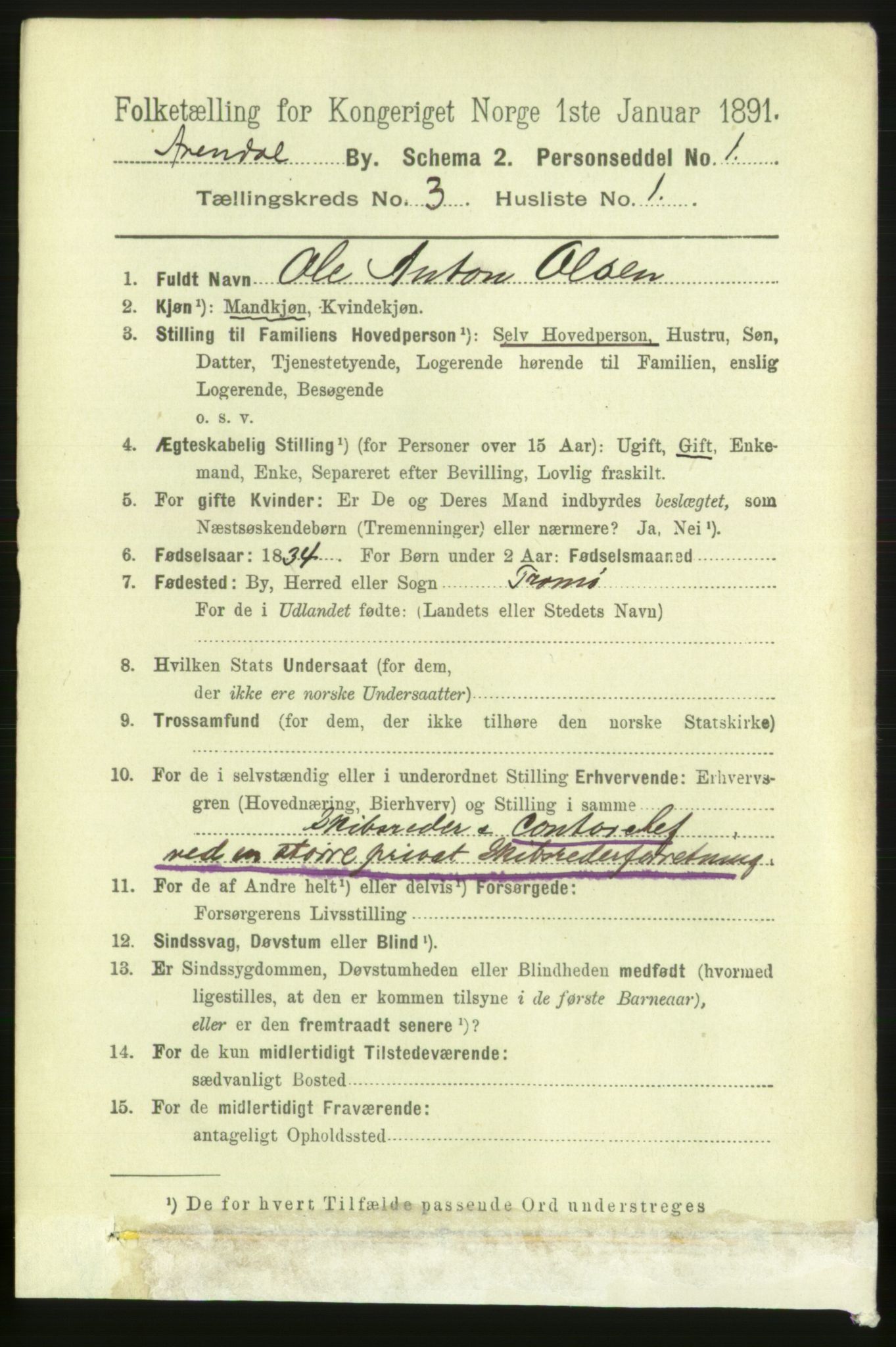 RA, 1891 census for 0903 Arendal, 1891, p. 1438