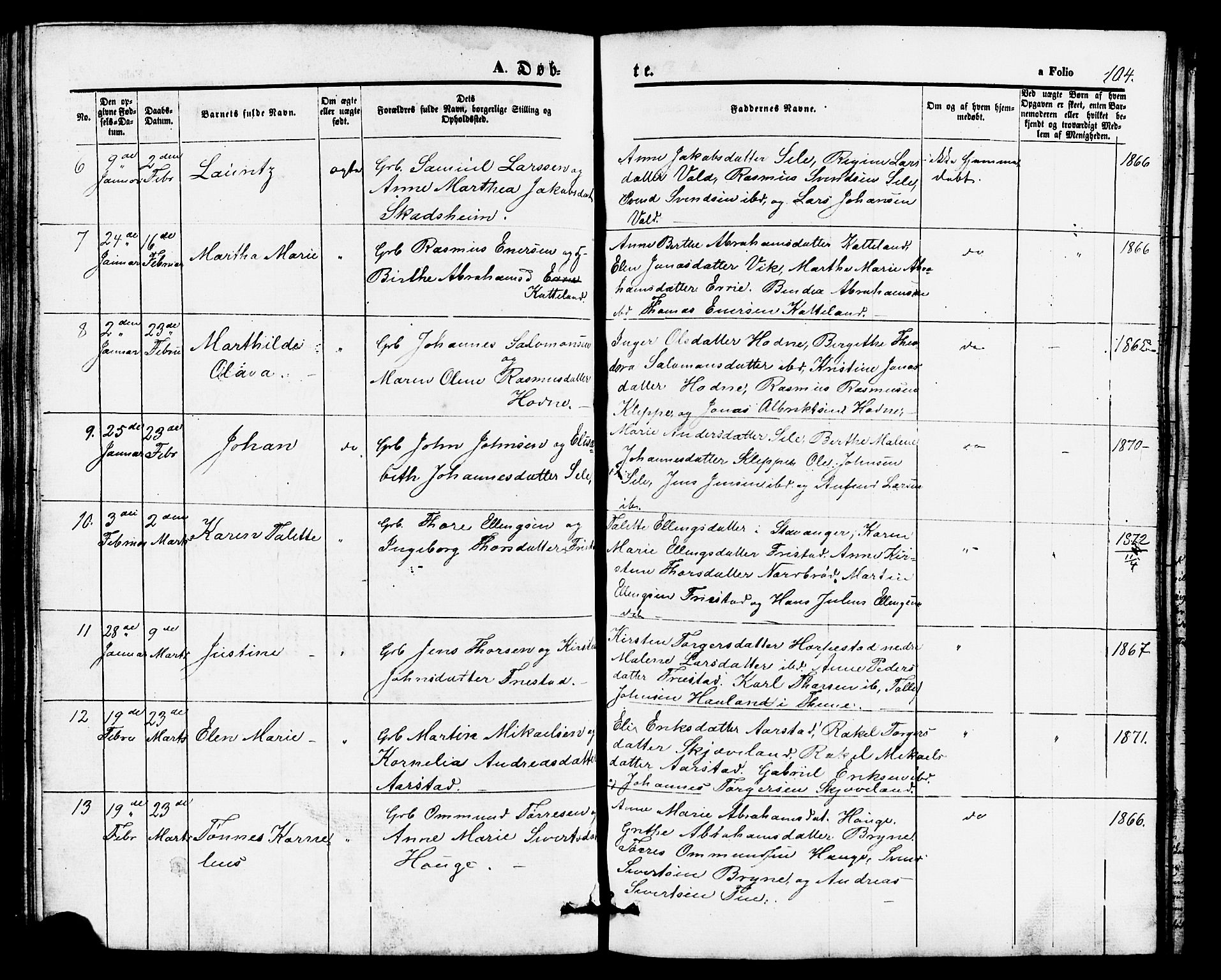 Klepp sokneprestkontor, AV/SAST-A-101803/001/3/30BB/L0002: Parish register (copy) no. B 2, 1860-1875, p. 104