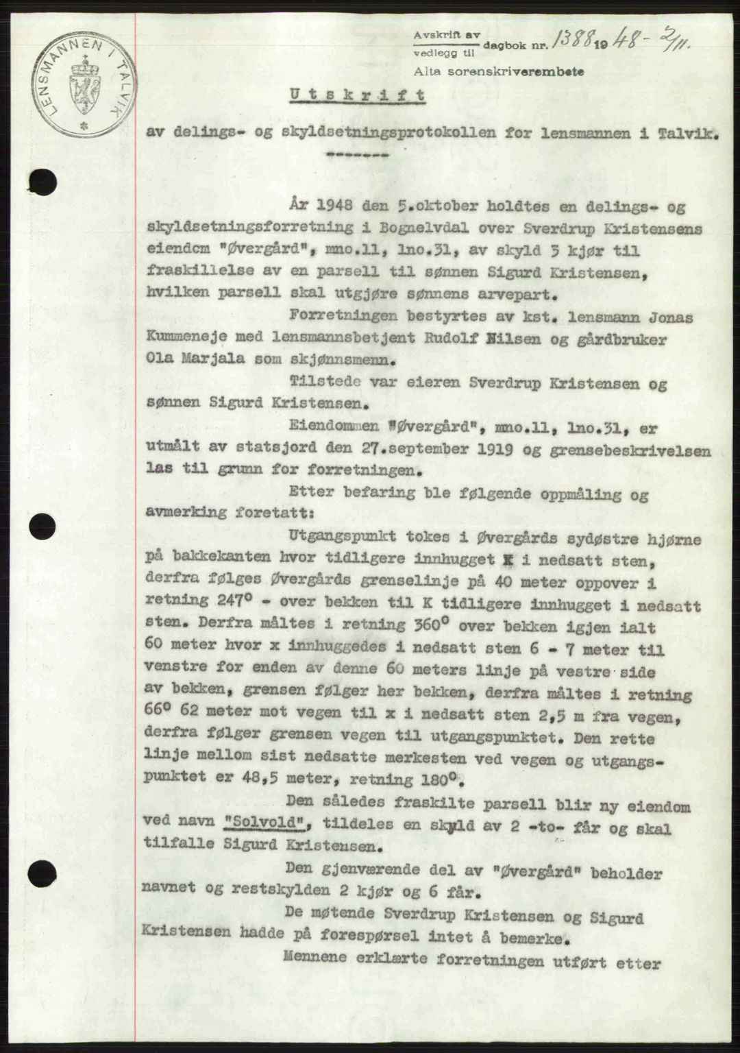 Alta fogderi/sorenskriveri, SATØ/SATØ-5/1/K/Kd/L0037pantebok: Mortgage book no. 39-40, 1948-1949, Diary no: : 1388/1948