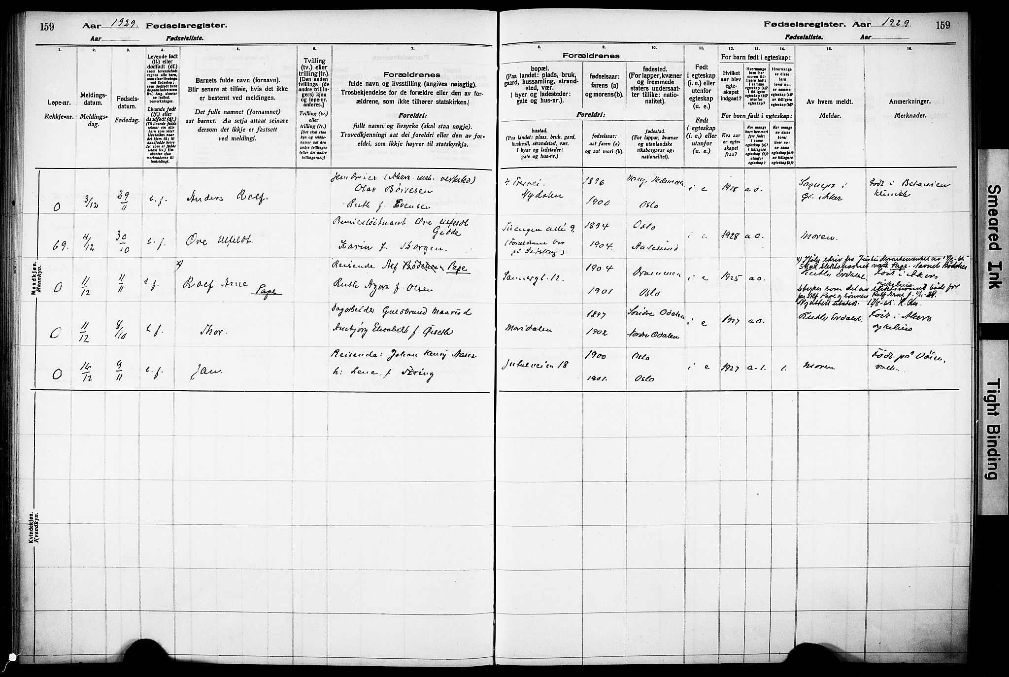 Vestre Aker prestekontor Kirkebøker, AV/SAO-A-10025/J/Ja/L0003: Birth register no. 3, 1926-1930, p. 159