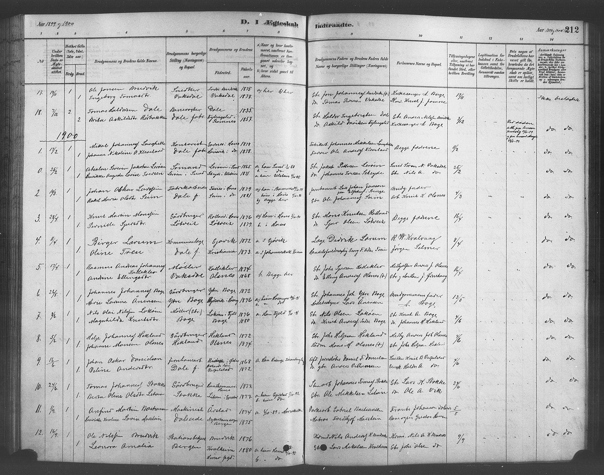 Bruvik Sokneprestembete, AV/SAB-A-74701/H/Hab: Parish register (copy) no. A 1, 1878-1907, p. 212