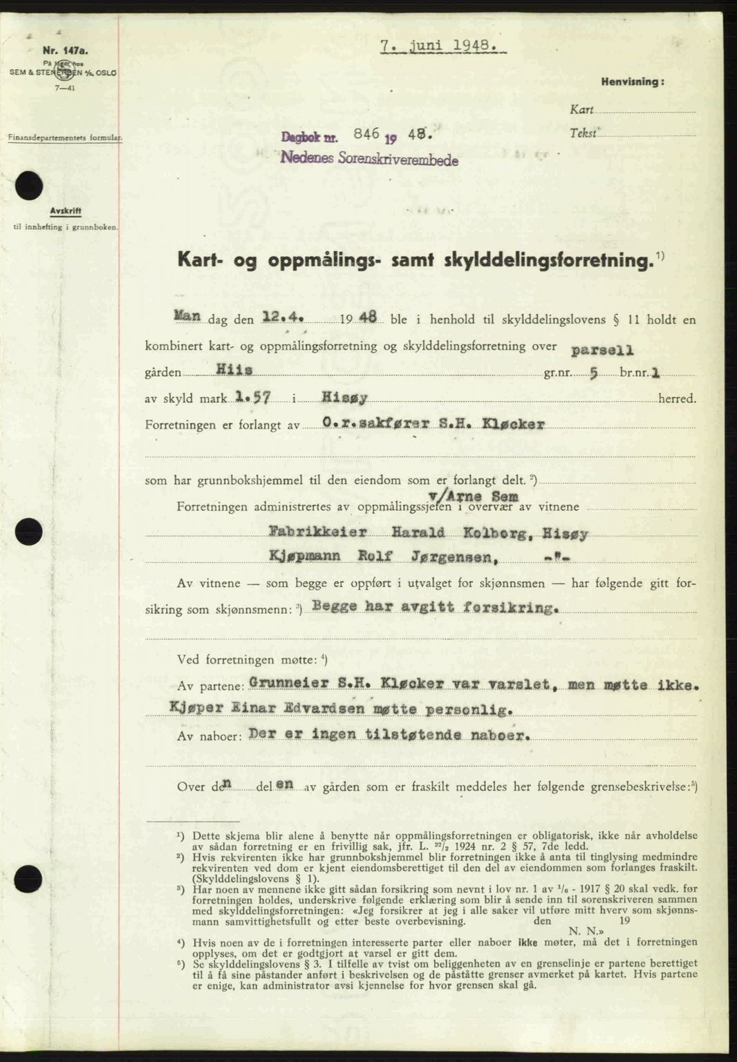 Nedenes sorenskriveri, SAK/1221-0006/G/Gb/Gba/L0059: Mortgage book no. A11, 1948-1948, Diary no: : 846/1948