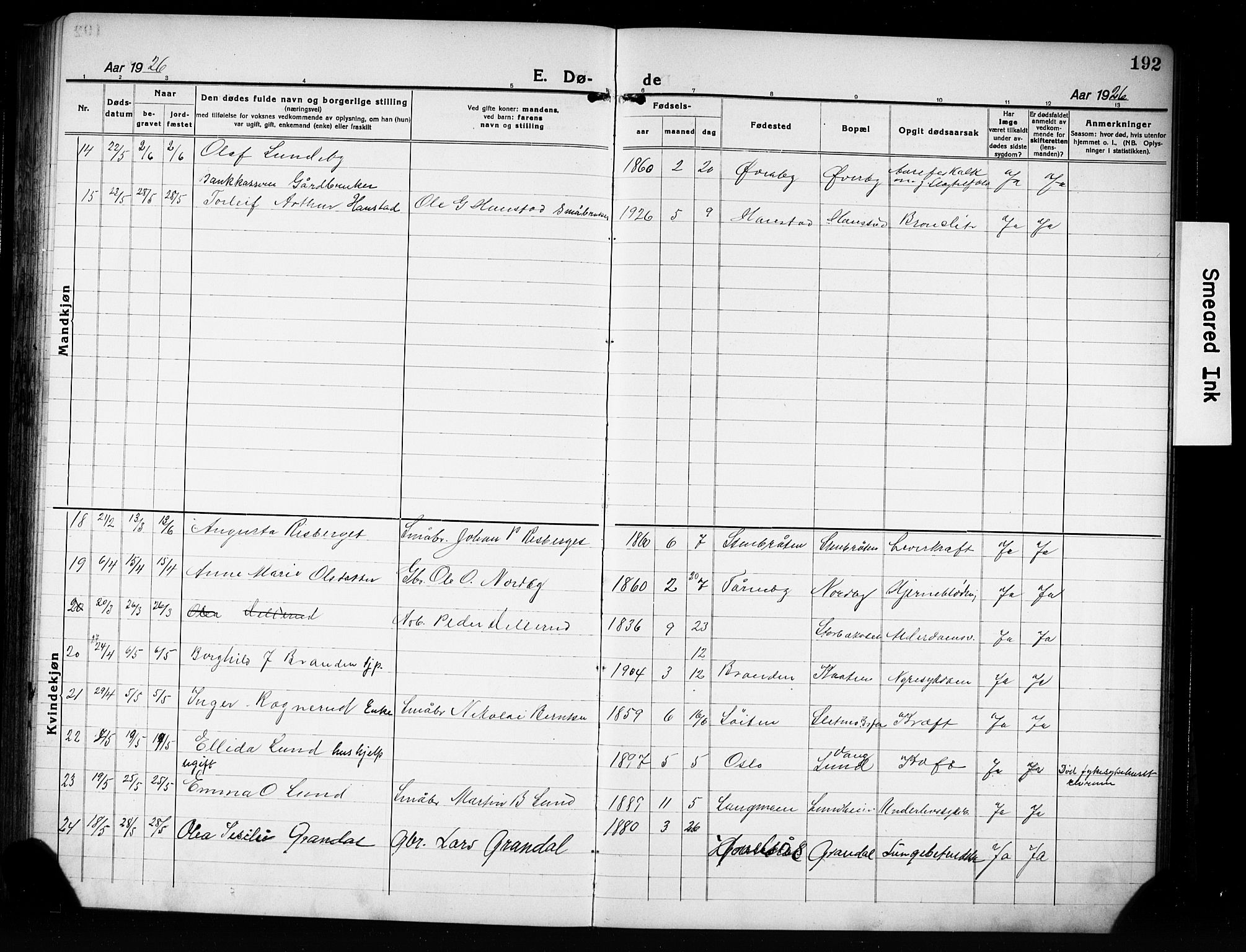 Våler prestekontor, Hedmark, AV/SAH-PREST-040/H/Ha/Hab/L0004: Parish register (copy) no. 4, 1922-1931, p. 192