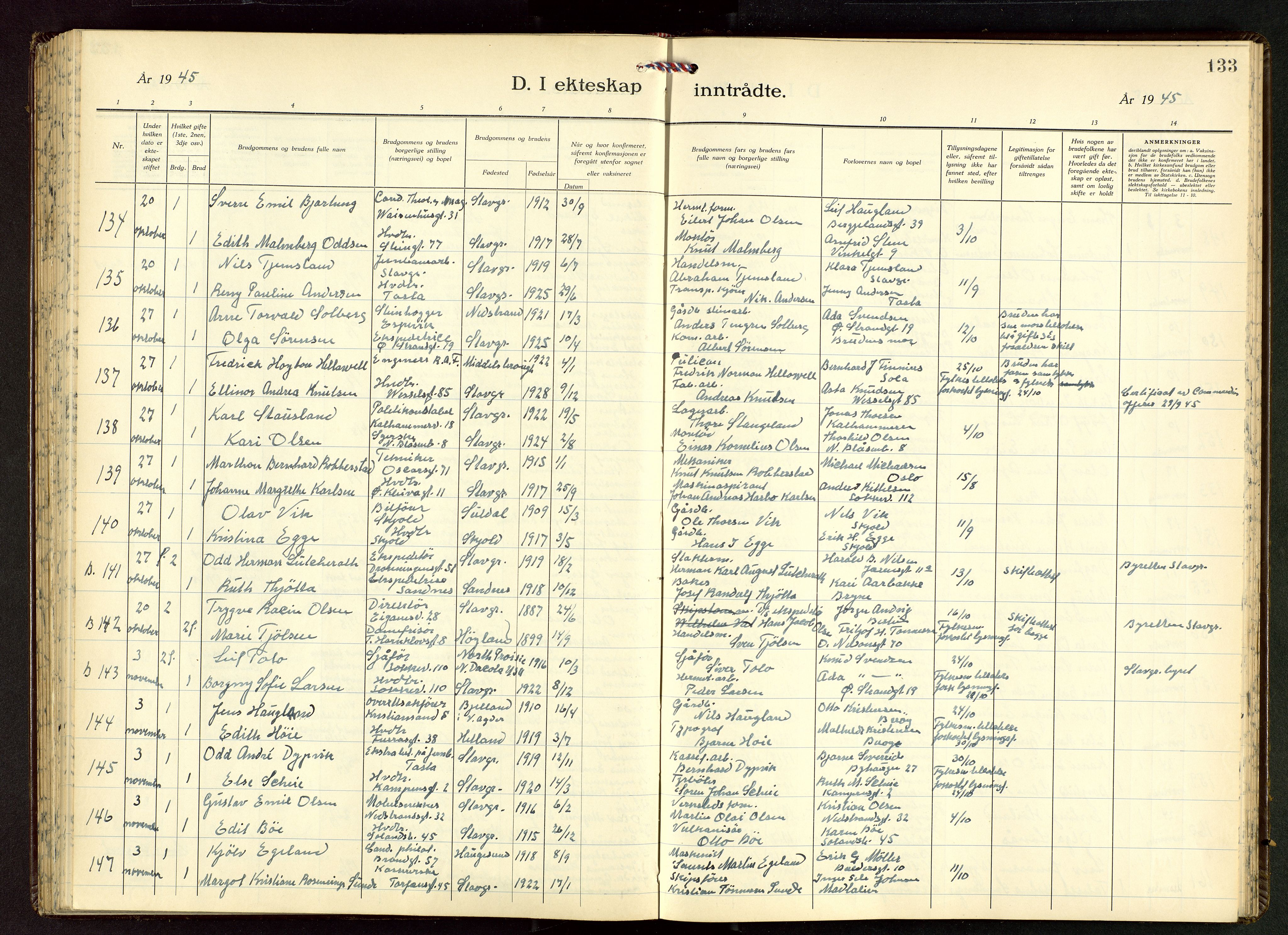 Domkirken sokneprestkontor, AV/SAST-A-101812/001/30/30BB/L0022: Parish register (copy) no. B 22, 1937-1949, p. 133