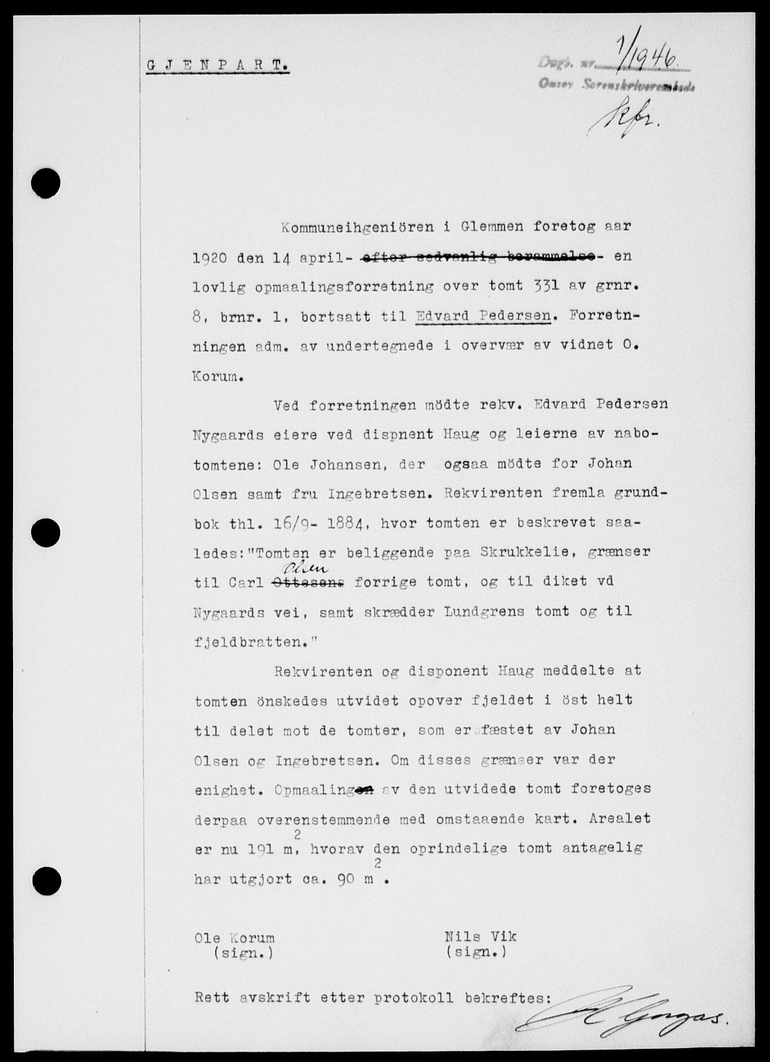 Onsøy sorenskriveri, SAO/A-10474/G/Ga/Gab/L0015: Mortgage book no. II A-15, 1945-1946, Diary no: : 1/1946