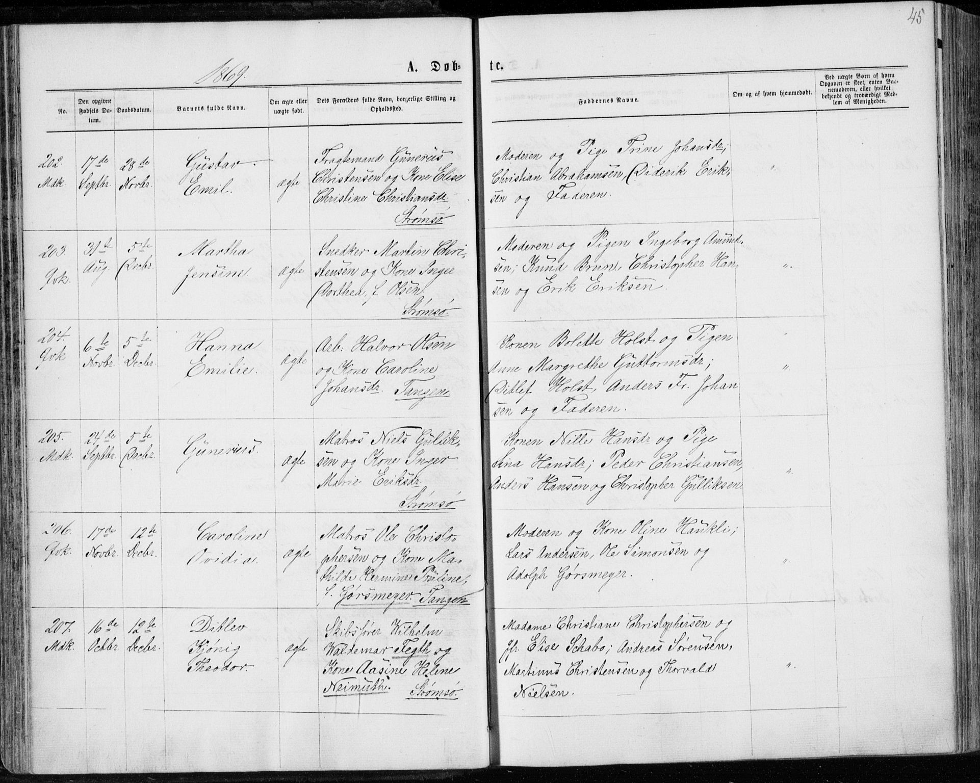 Strømsø kirkebøker, AV/SAKO-A-246/F/Fa/L0016: Parish register (official) no. I 16, 1868-1873, p. 45