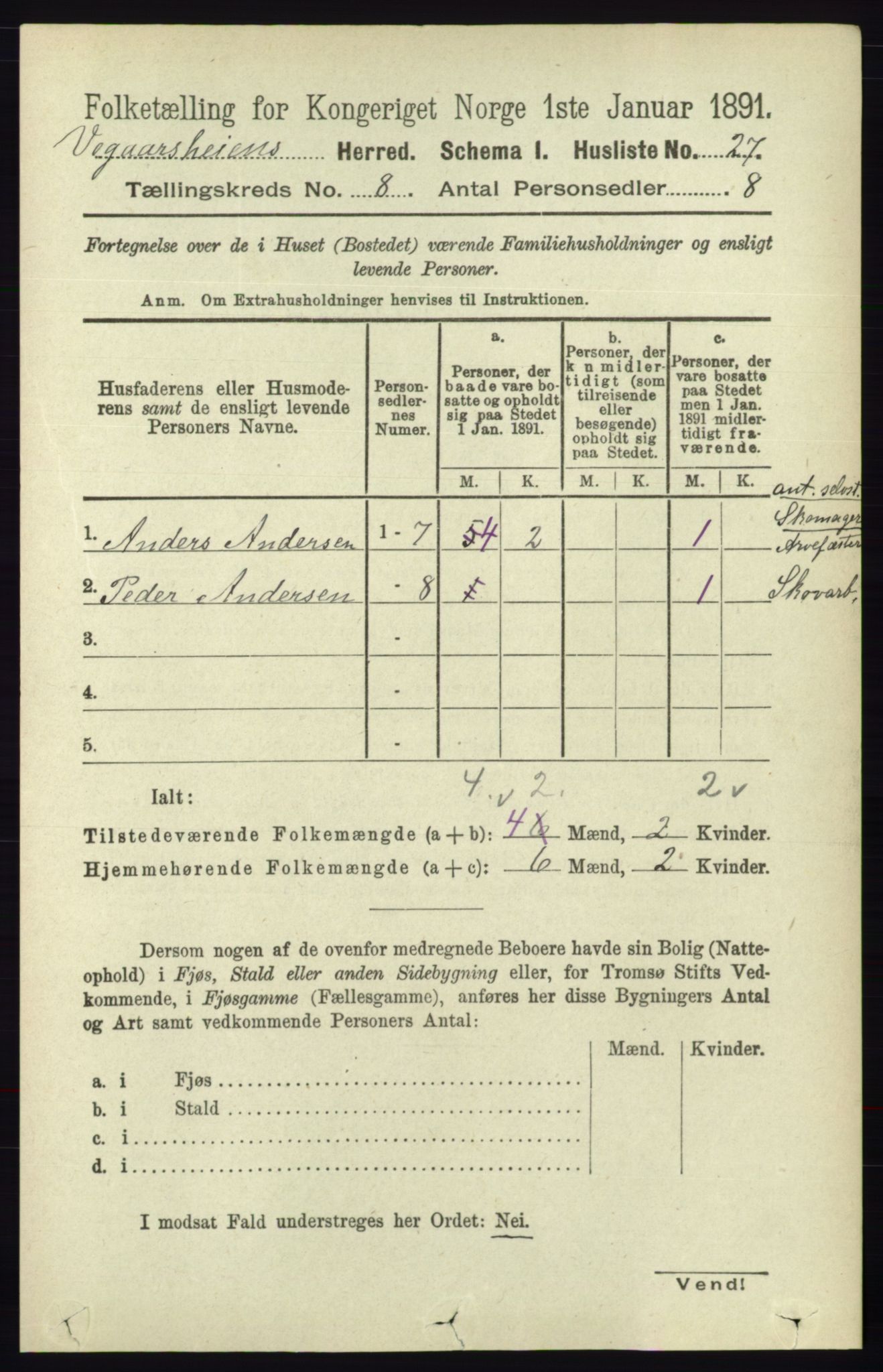 RA, 1891 census for 0912 Vegårshei, 1891, p. 1523