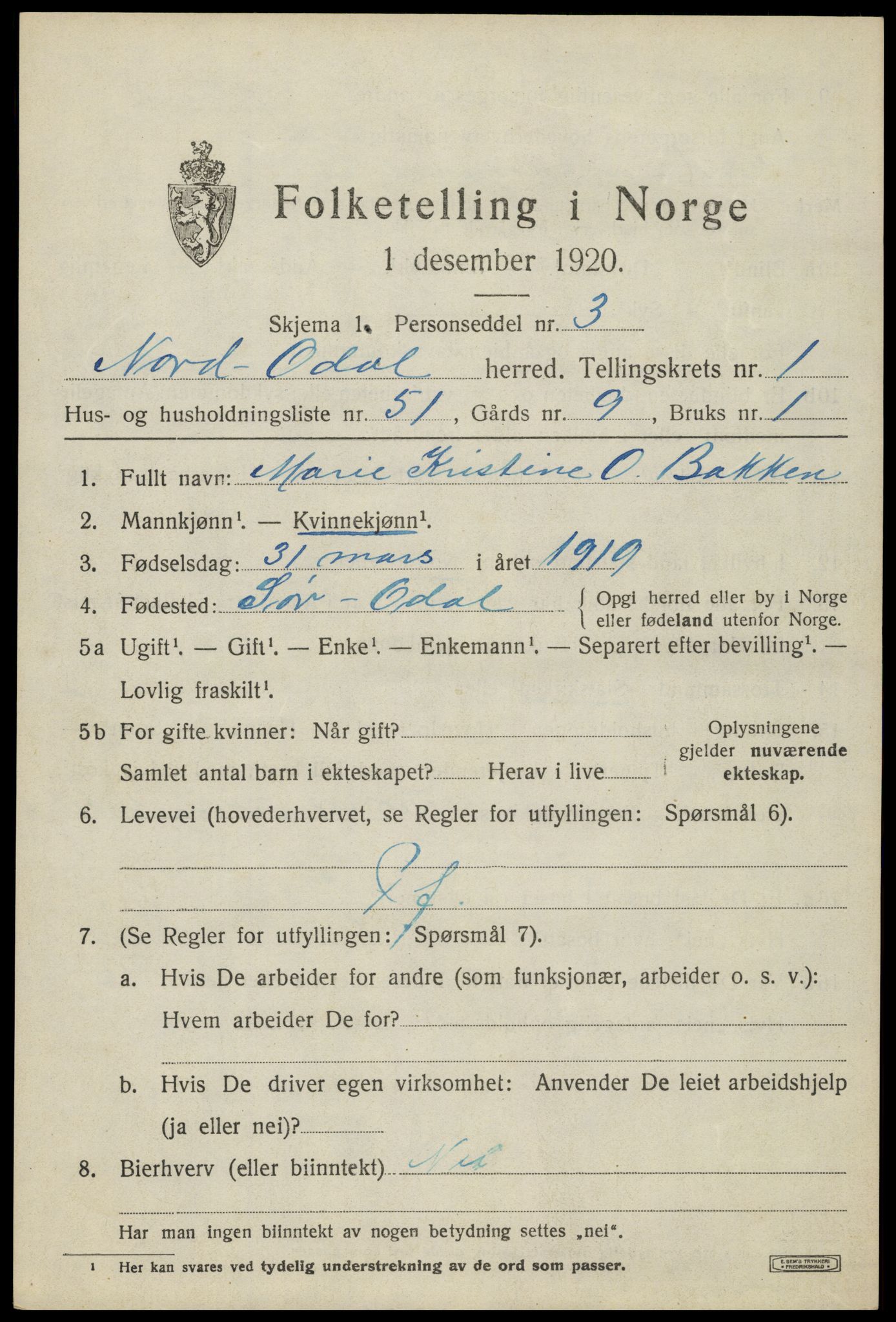 SAH, 1920 census for Nord-Odal, 1920, p. 2377