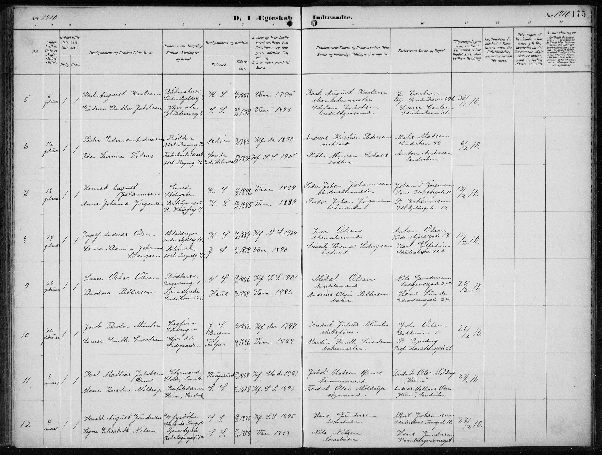 Sandviken Sokneprestembete, AV/SAB-A-77601/H/Ha/L0014: Parish register (official) no. D 1, 1896-1911, p. 175