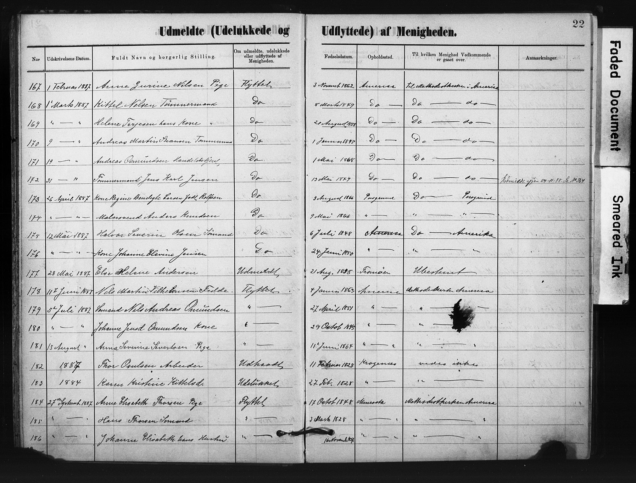 Metodistmenigheten, Arendal, AV/SAK-1292-0011/F/Fa/L0004: Dissenter register no. F-4, 1883-1892, p. 22