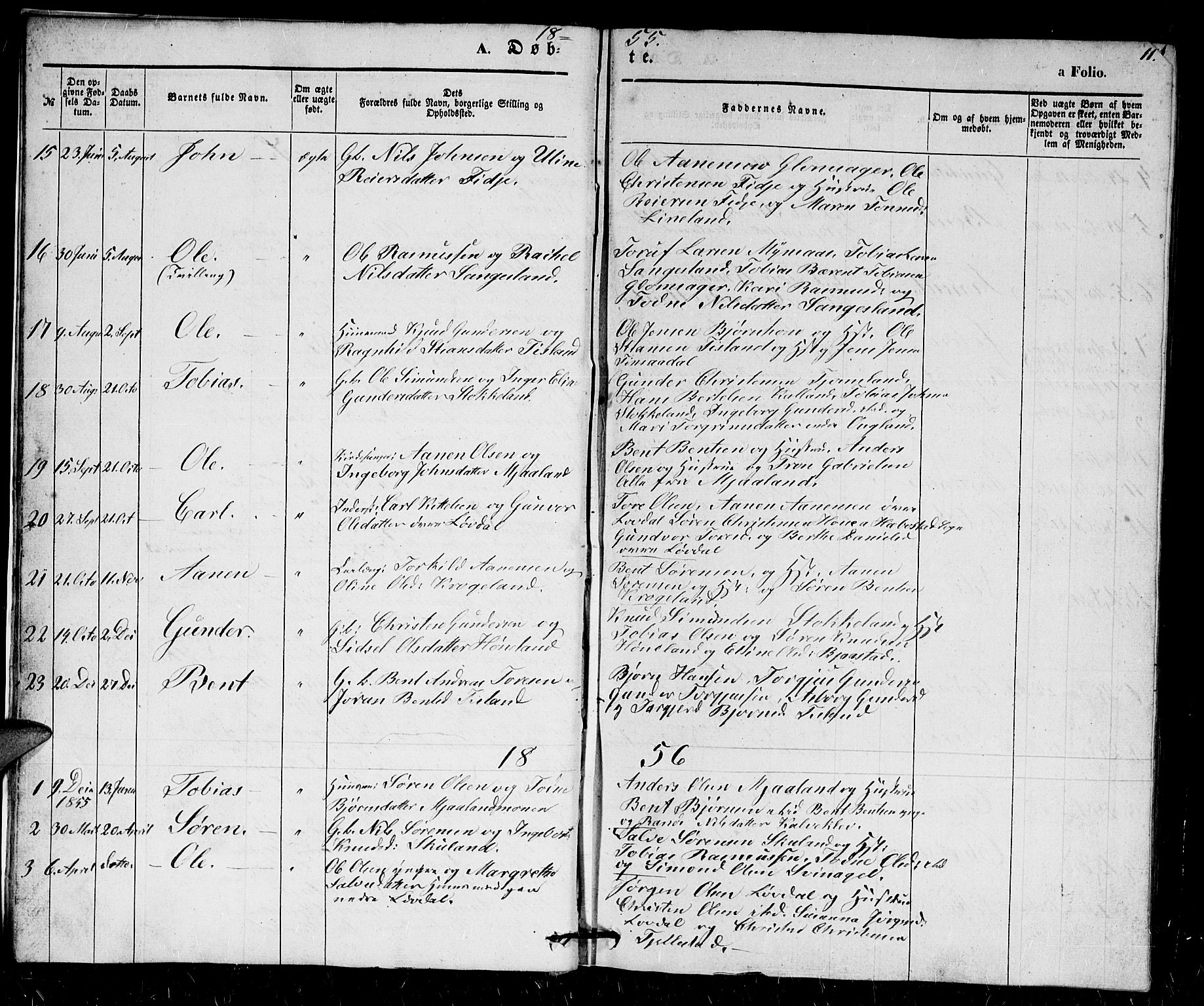 Holum sokneprestkontor, SAK/1111-0022/F/Fb/Fbb/L0002: Parish register (copy) no. B 2, 1847-1874, p. 11