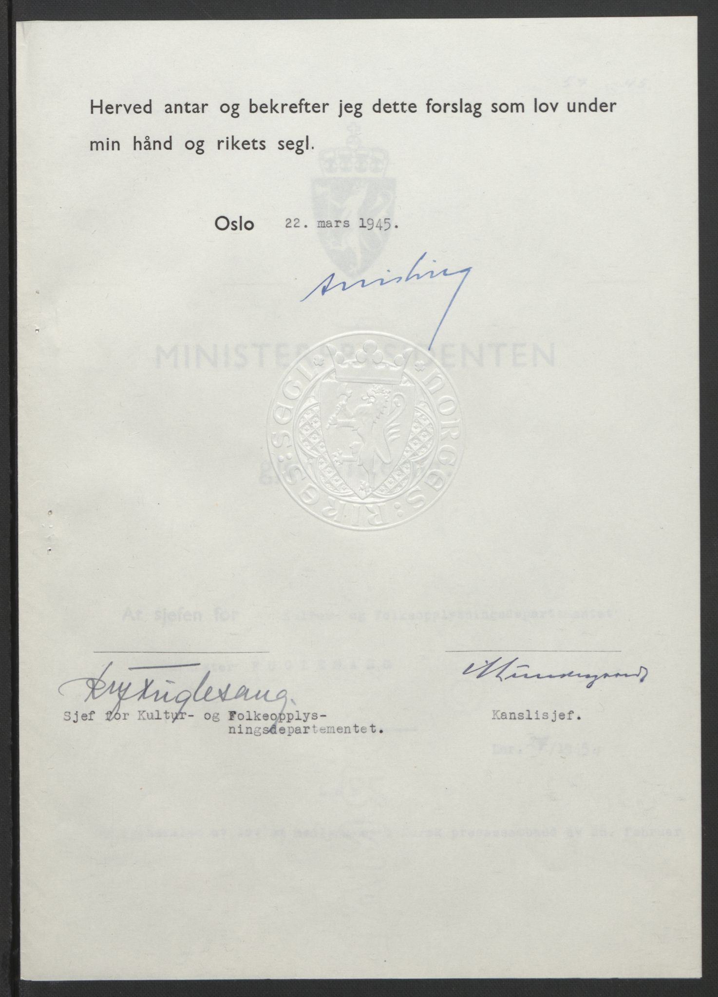 NS-administrasjonen 1940-1945 (Statsrådsekretariatet, de kommisariske statsråder mm), AV/RA-S-4279/D/Db/L0101/0001: -- / Lover og vedtak, 1945, p. 114