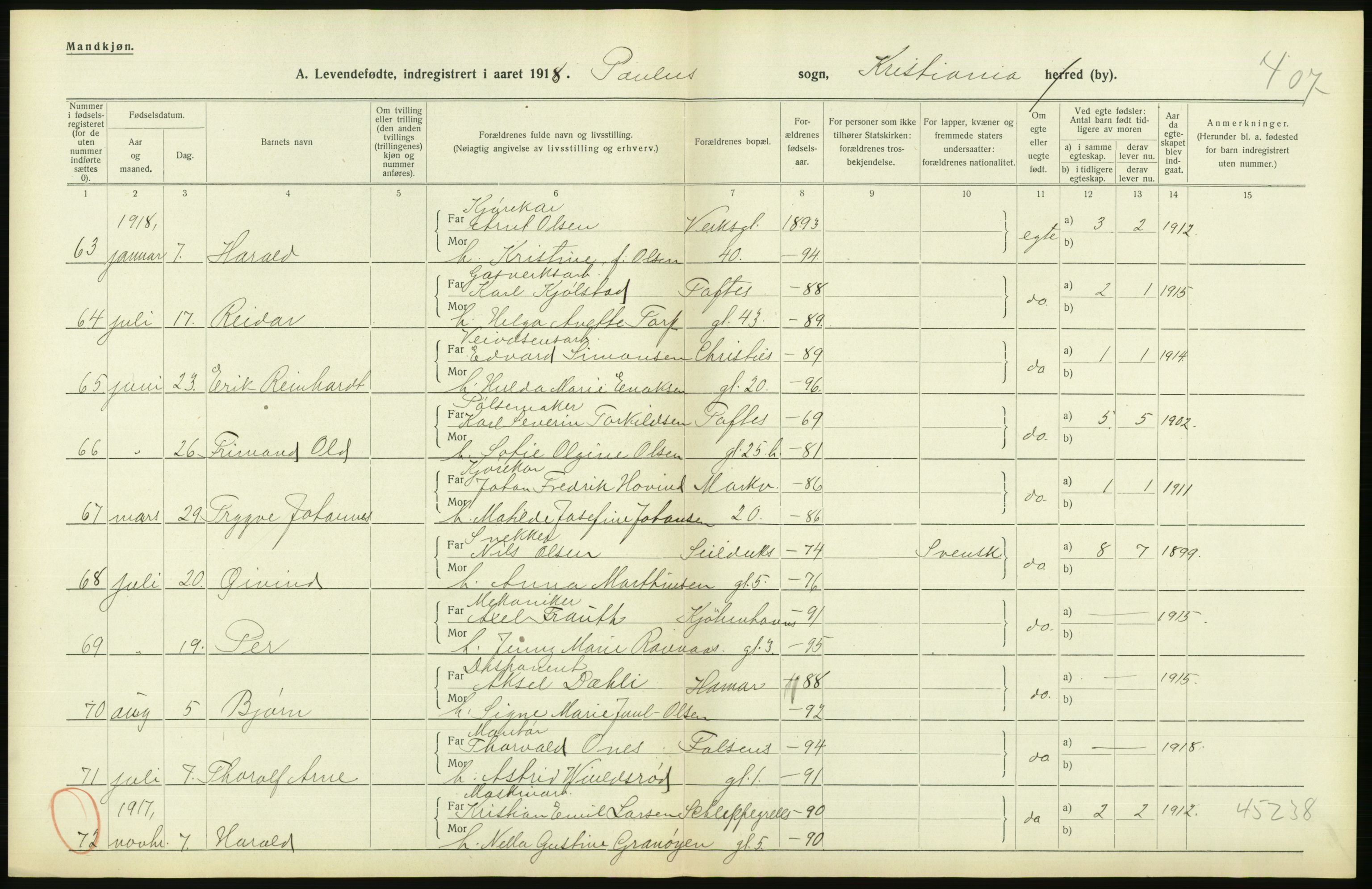 Statistisk sentralbyrå, Sosiodemografiske emner, Befolkning, AV/RA-S-2228/D/Df/Dfb/Dfbh/L0008: Kristiania: Levendefødte menn og kvinner., 1918, p. 640