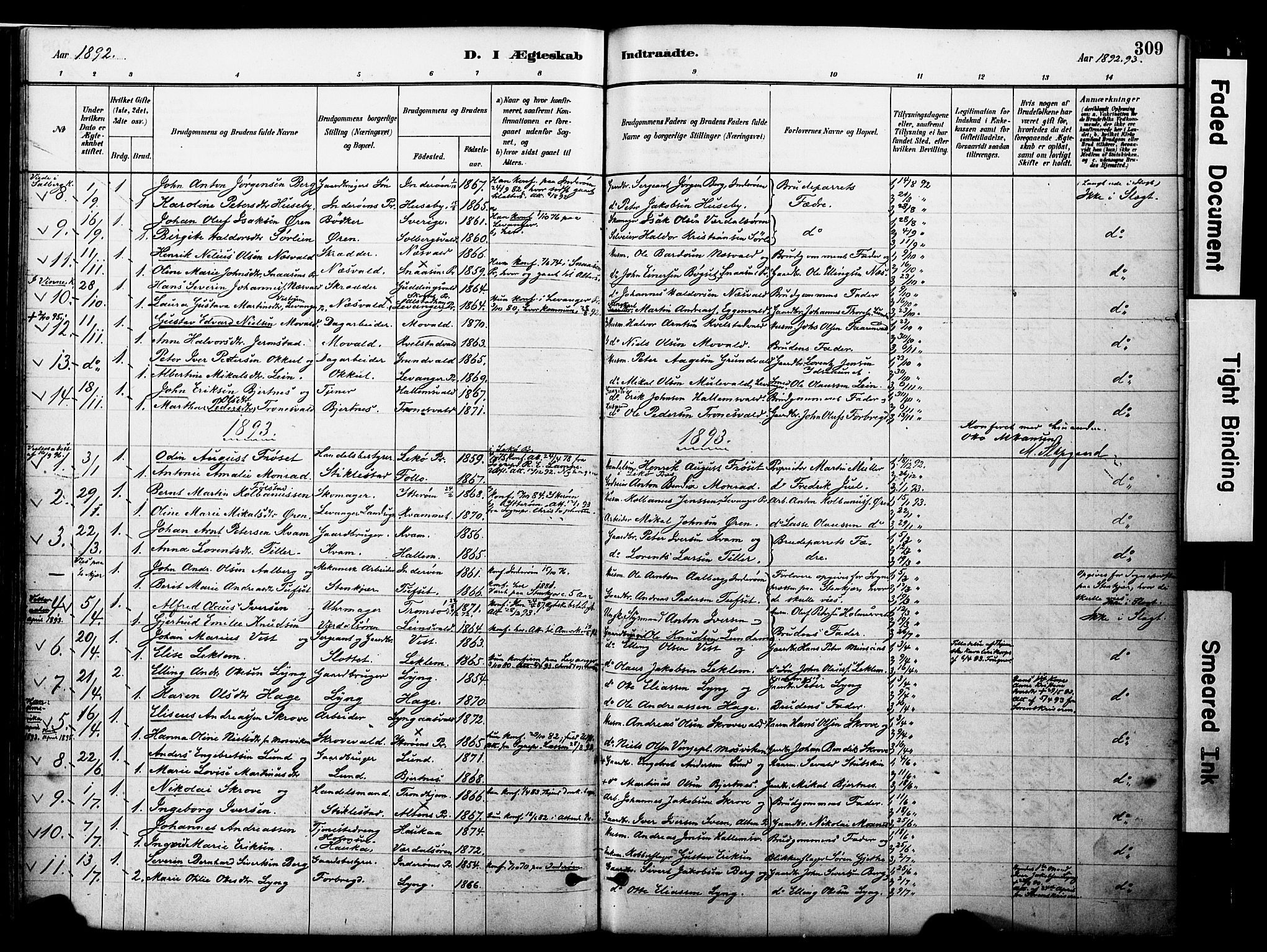 Ministerialprotokoller, klokkerbøker og fødselsregistre - Nord-Trøndelag, SAT/A-1458/723/L0244: Parish register (official) no. 723A13, 1881-1899, p. 309