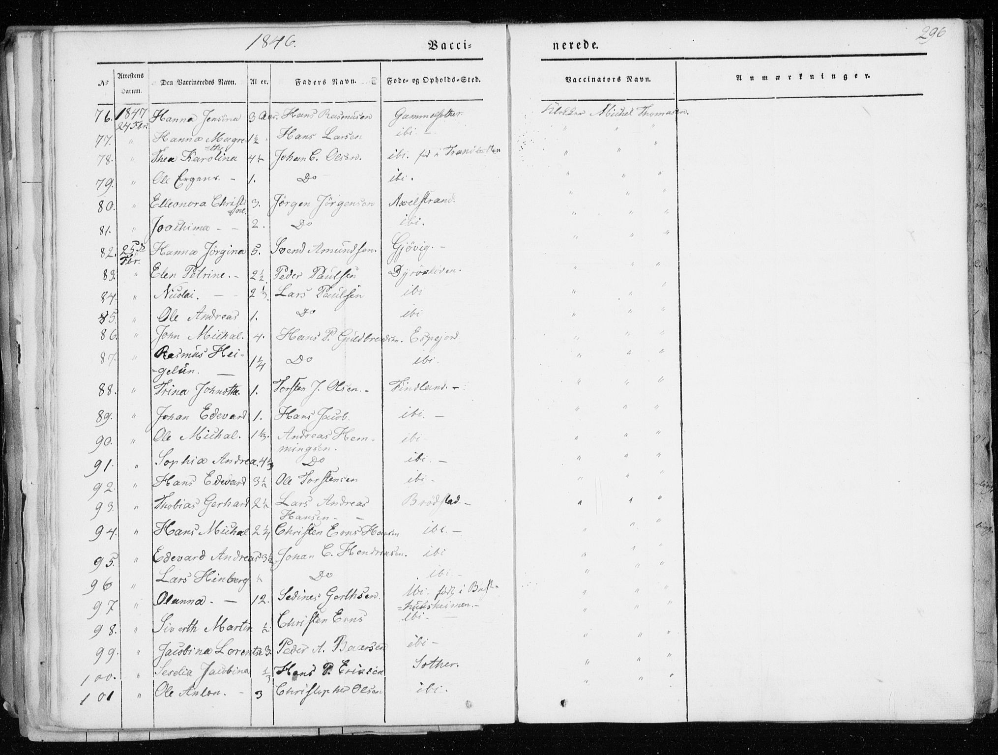 Tranøy sokneprestkontor, AV/SATØ-S-1313/I/Ia/Iaa/L0006kirke: Parish register (official) no. 6, 1844-1855, p. 296