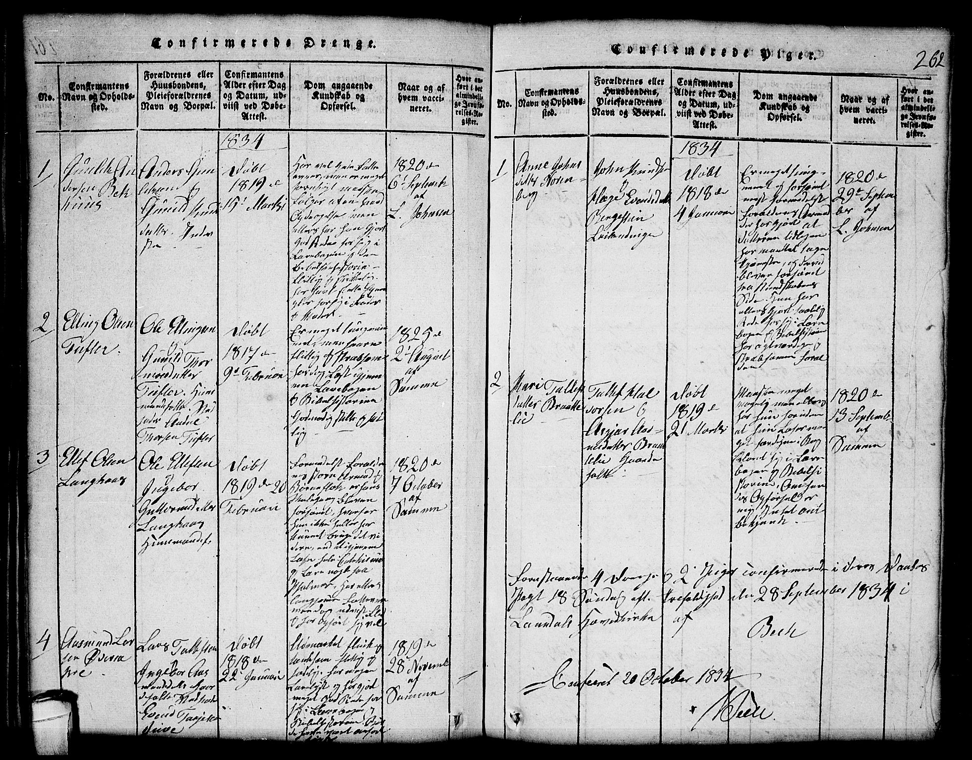 Lårdal kirkebøker, SAKO/A-284/G/Gc/L0001: Parish register (copy) no. III 1, 1815-1854, p. 262