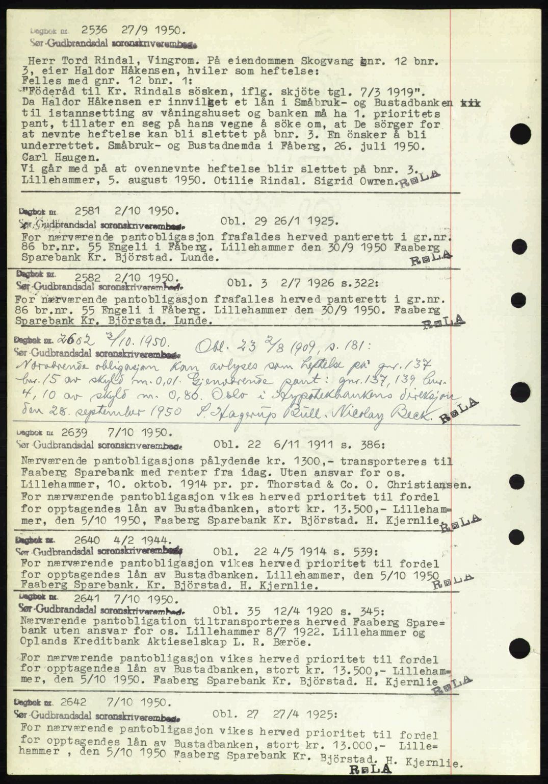 Sør-Gudbrandsdal tingrett, SAH/TING-004/H/Hb/Hbf/L0004: Mortgage book no. C5b, 1945-1951, Diary no: : 2536/1950