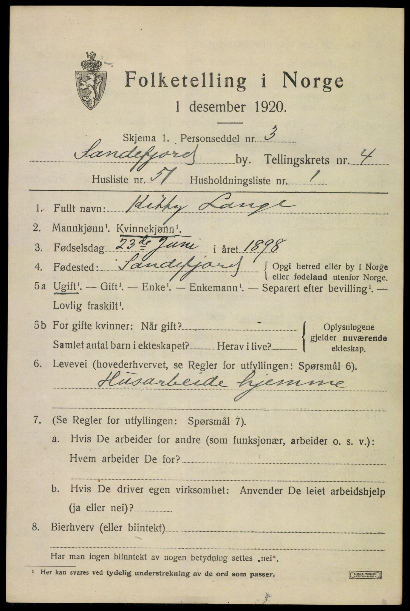 SAKO, 1920 census for Sandefjord, 1920, p. 8408